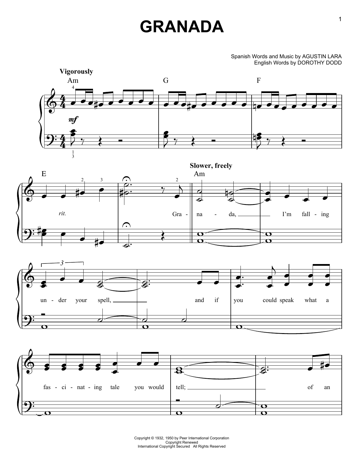 Granada (Very Easy Piano) von Agustin Lara