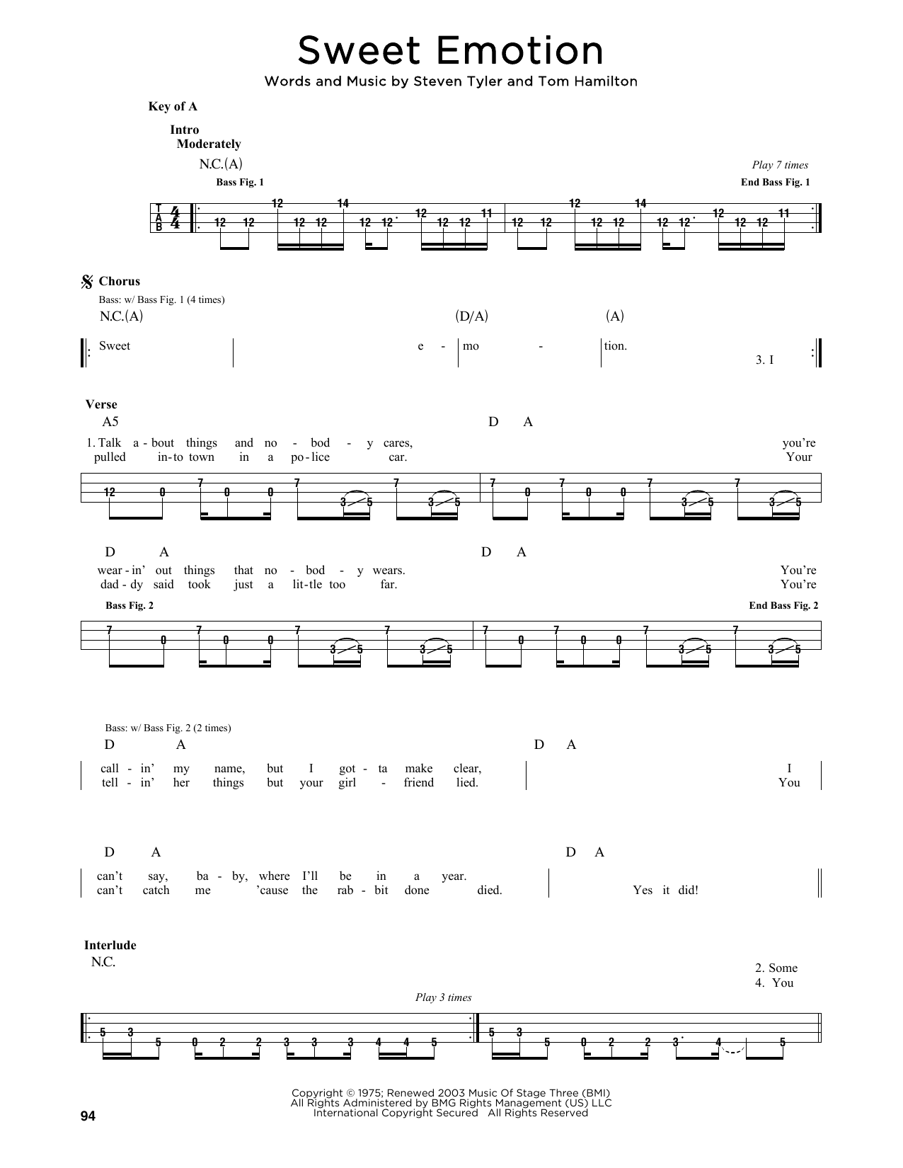 Sweet Emotion (Easy Bass Tab) von Aerosmith