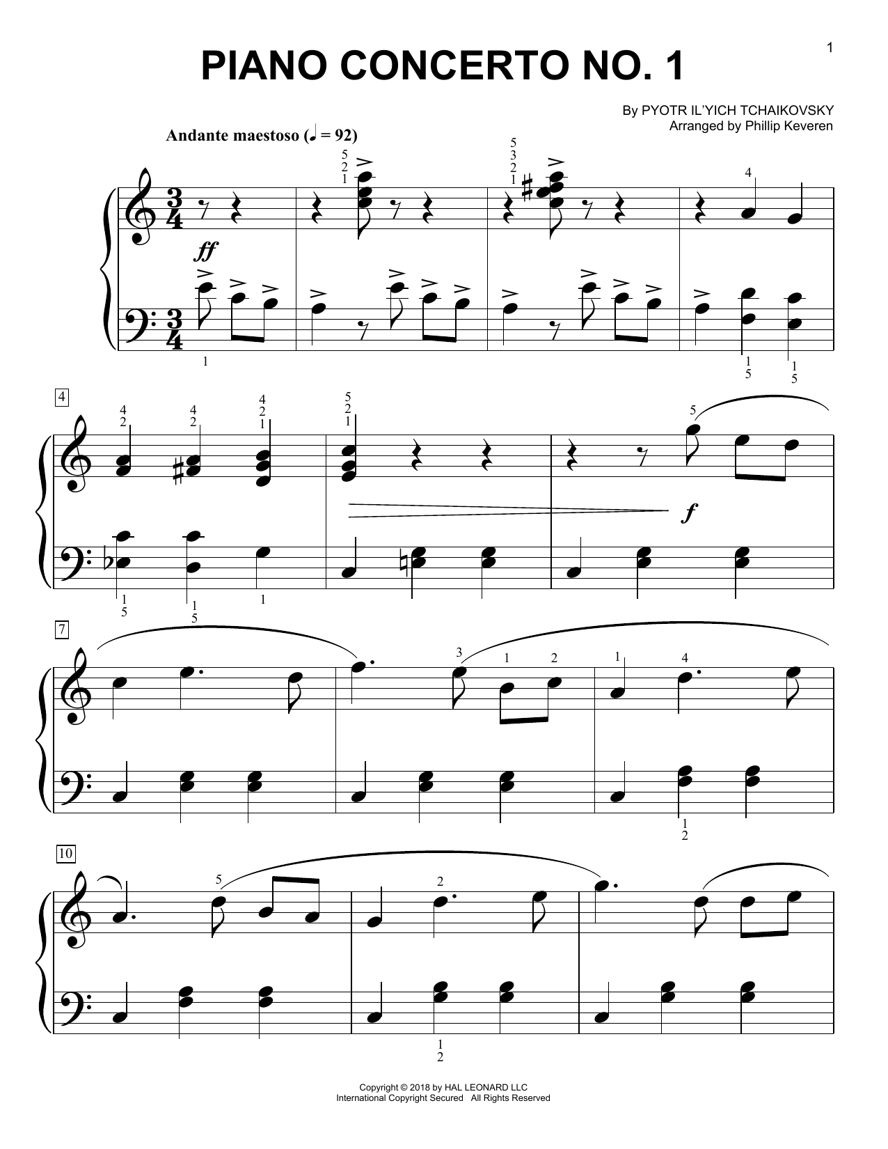 Piano Concerto No. 1 In B-Flat Major, Op. 23 (arr. Phillip Keveren) (Big Note Piano) von Pyotr Il'yich Tchaikovsky