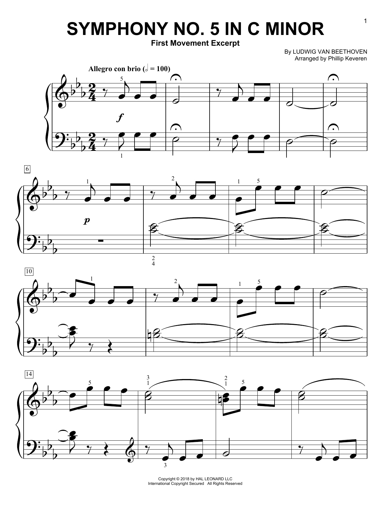 Symphony No. 5 In C Minor, First Movement Excerpt (arr. Phillip Keveren) (Big Note Piano) von Ludwig van Beethoven