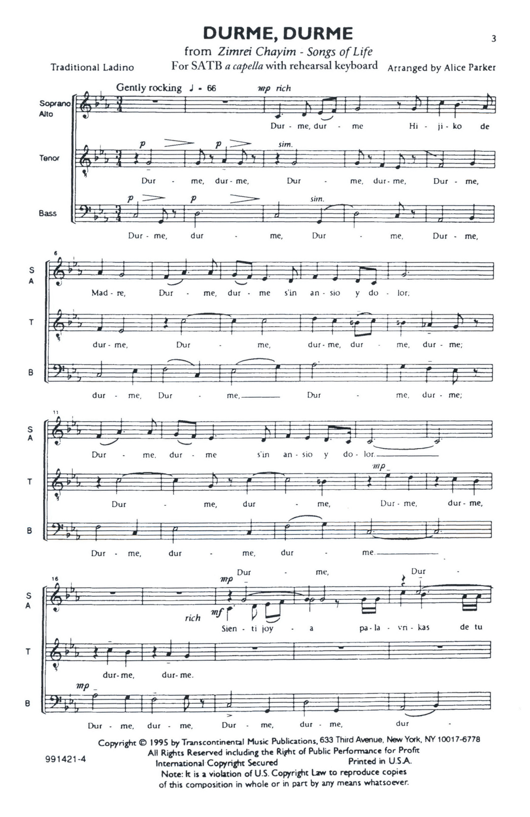 Durme, Durme (Sleep, Sleep) (SATB Choir) von Alice Parker