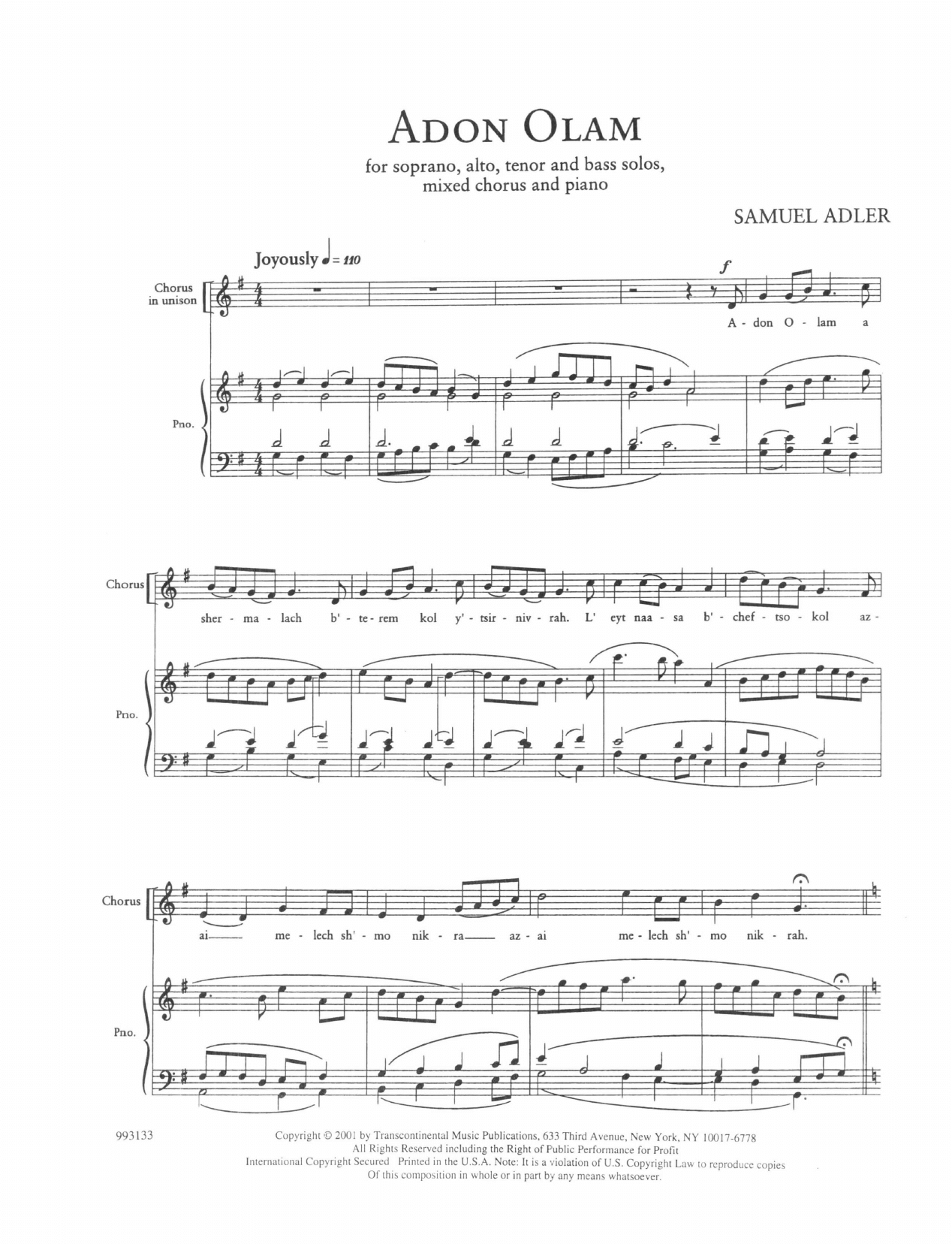 Five Sephardic Choruses: Adon Olam (SATB Choir) von Samuel Adler