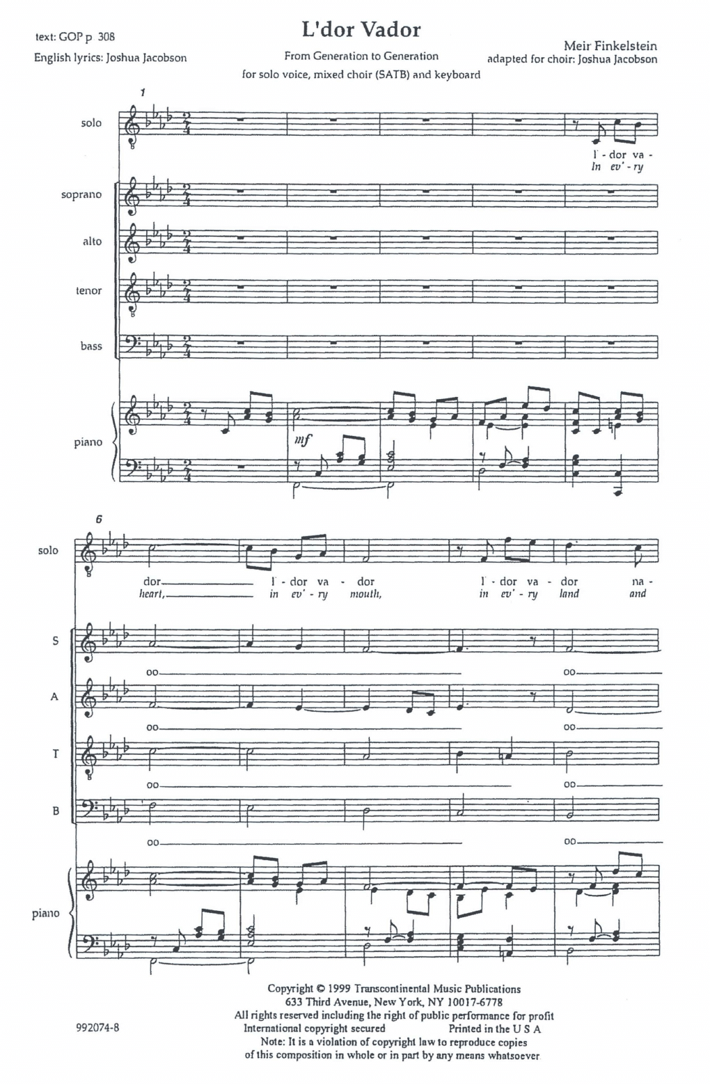 L'dor Vador (from Generation To Generation) (SATB Choir) von Joshua Jacobson