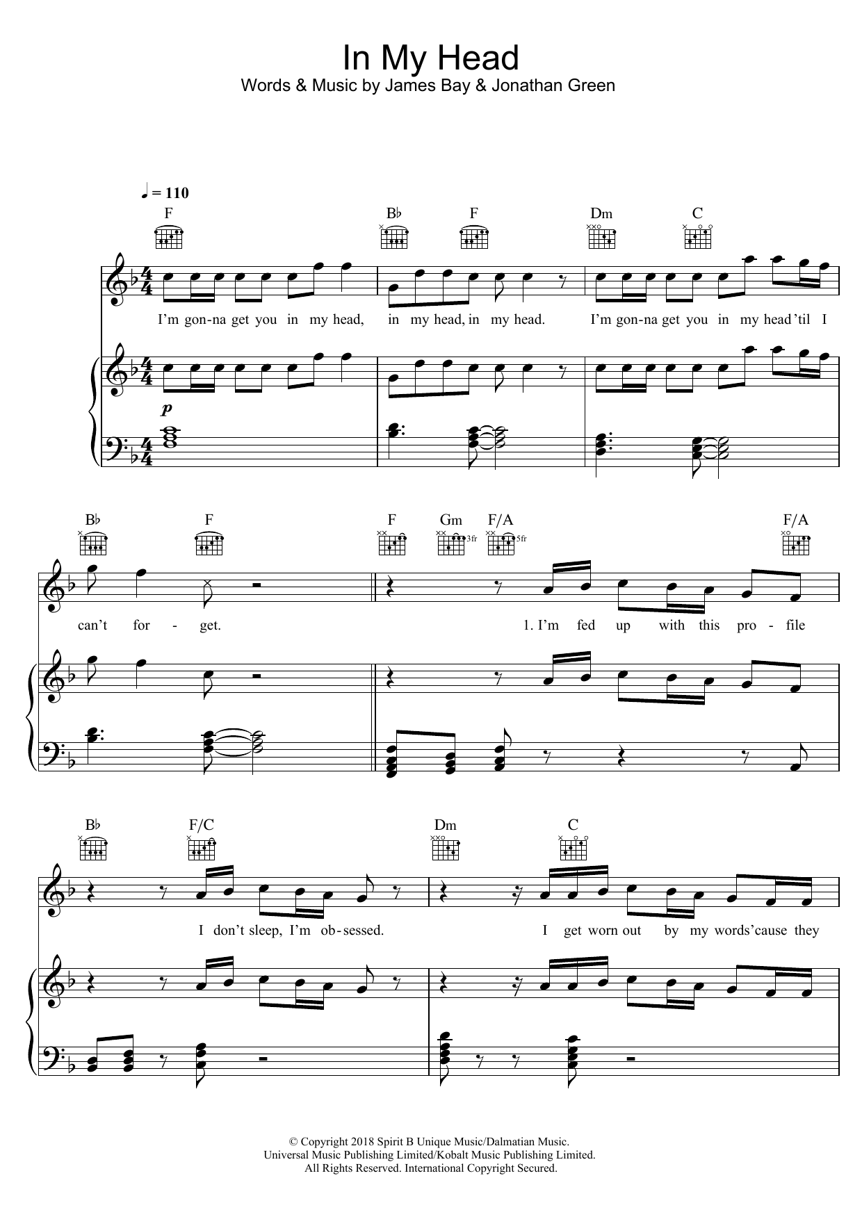 In My Head (Piano, Vocal & Guitar Chords) von James Bay