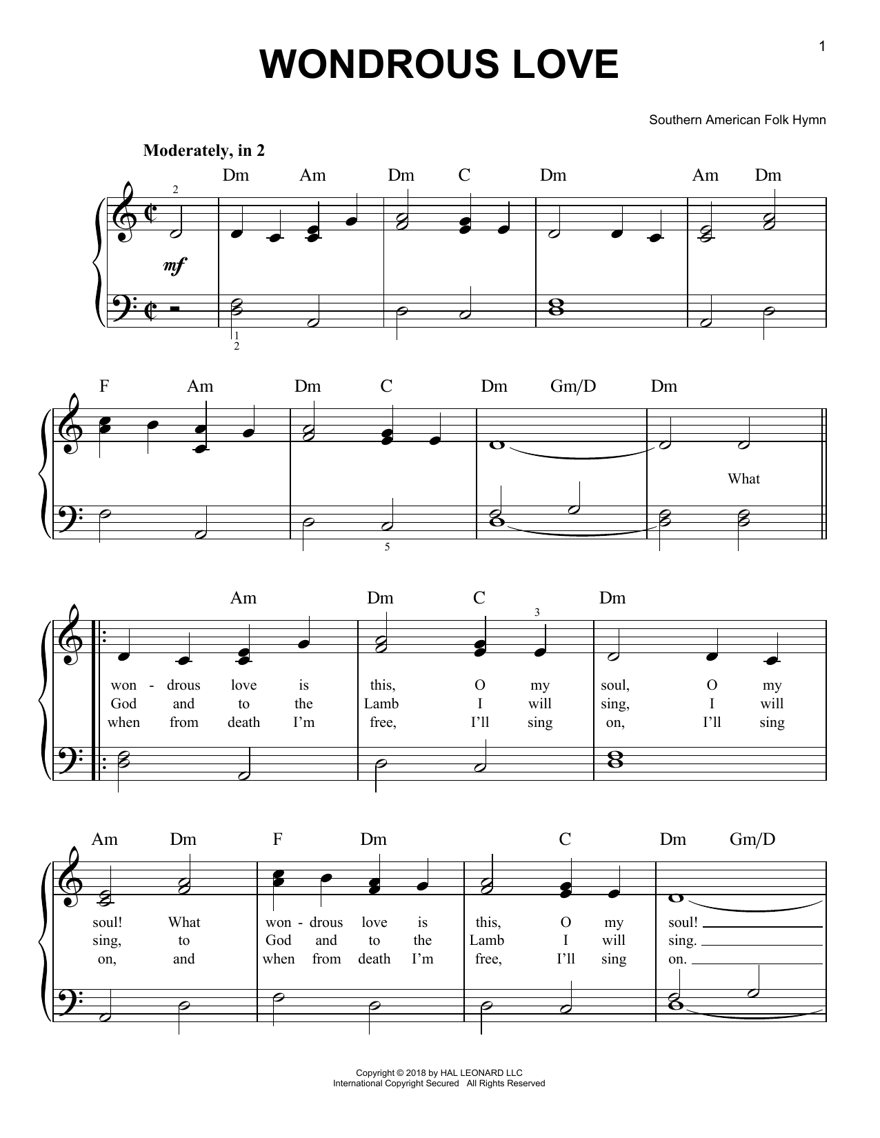 Wondrous Love (Easy Piano) von Southern American Folk Hymn