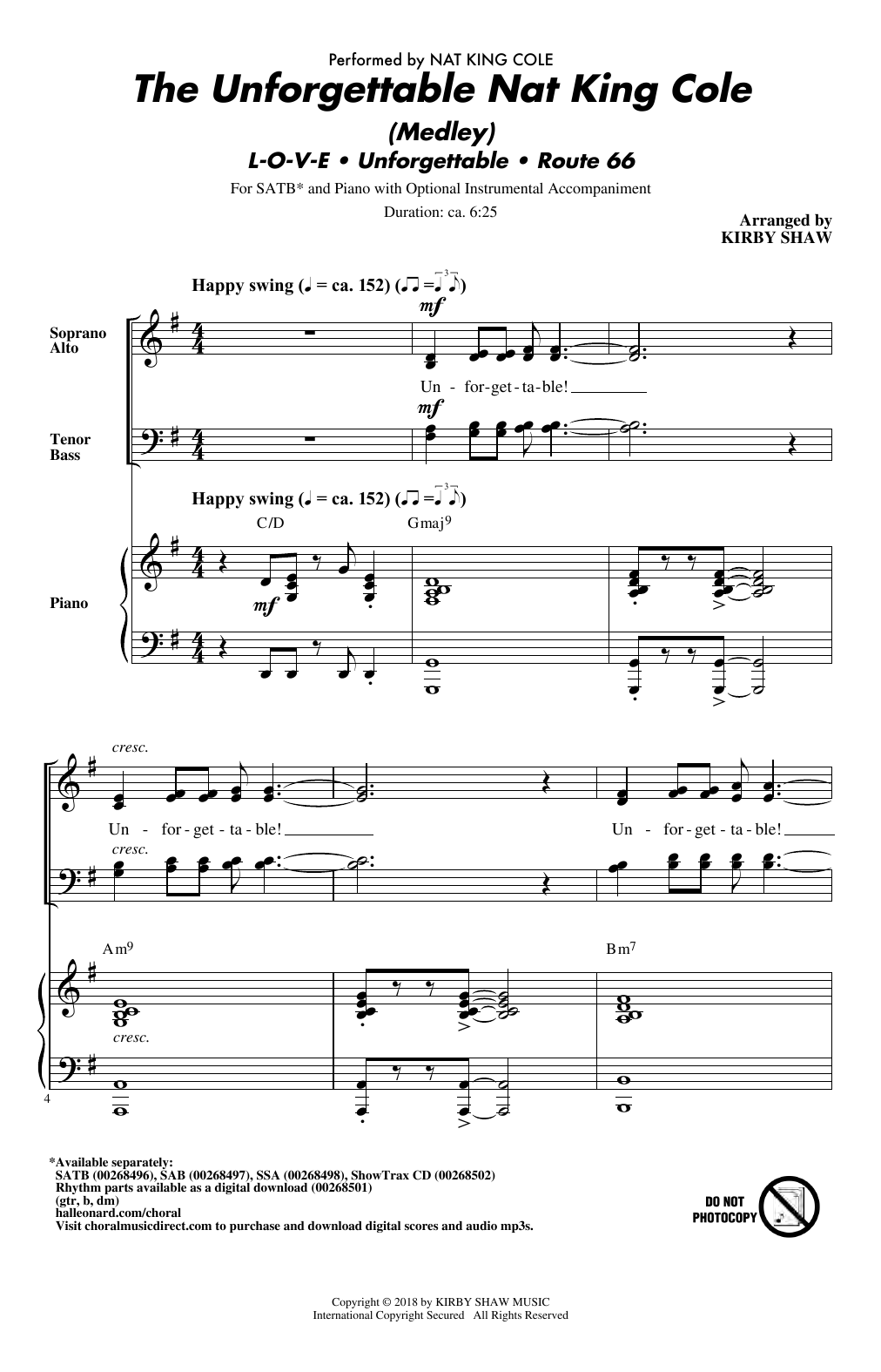 The Unforgettable Nat King Cole (Medley) (SATB Choir) von Kirby Shaw