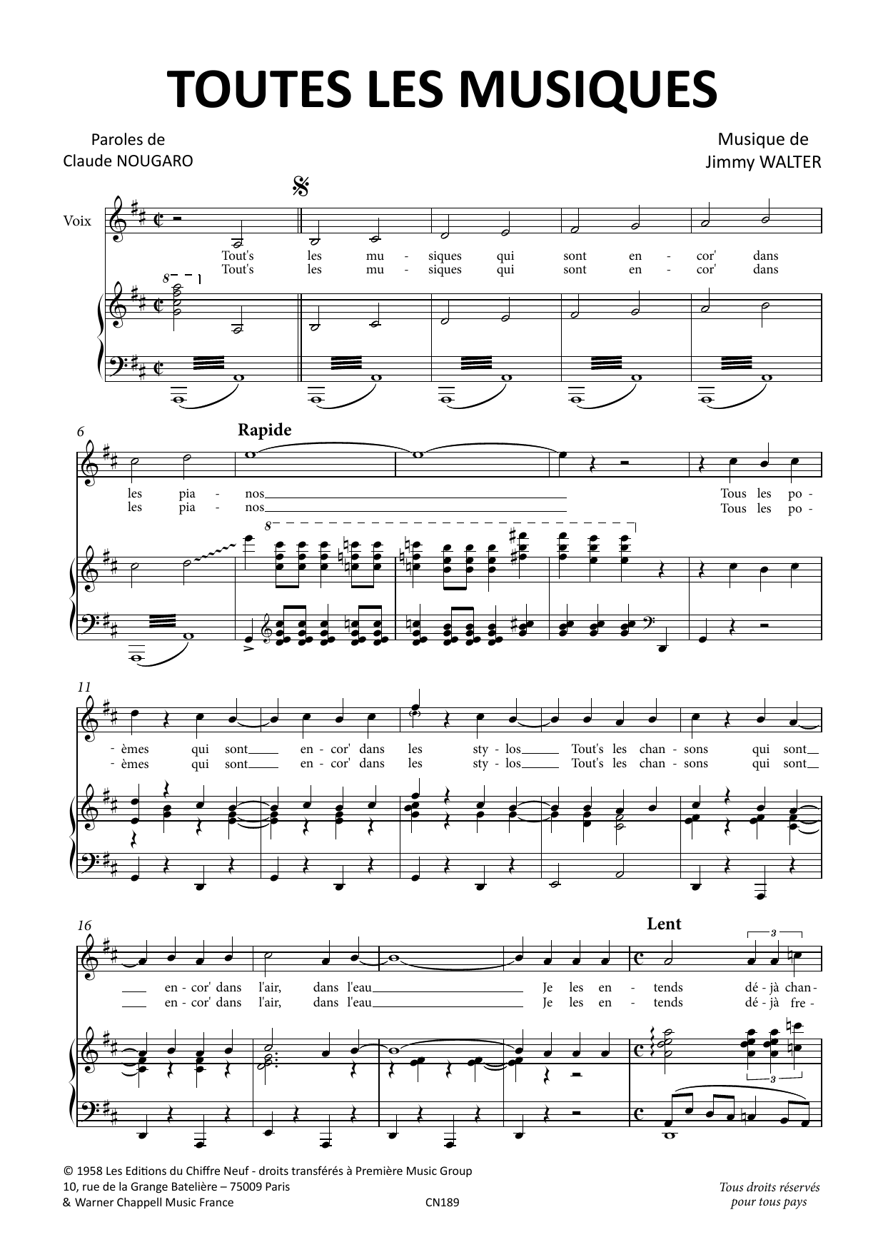 Toutes Les Musiques (Piano & Vocal) von Claude Nougaro