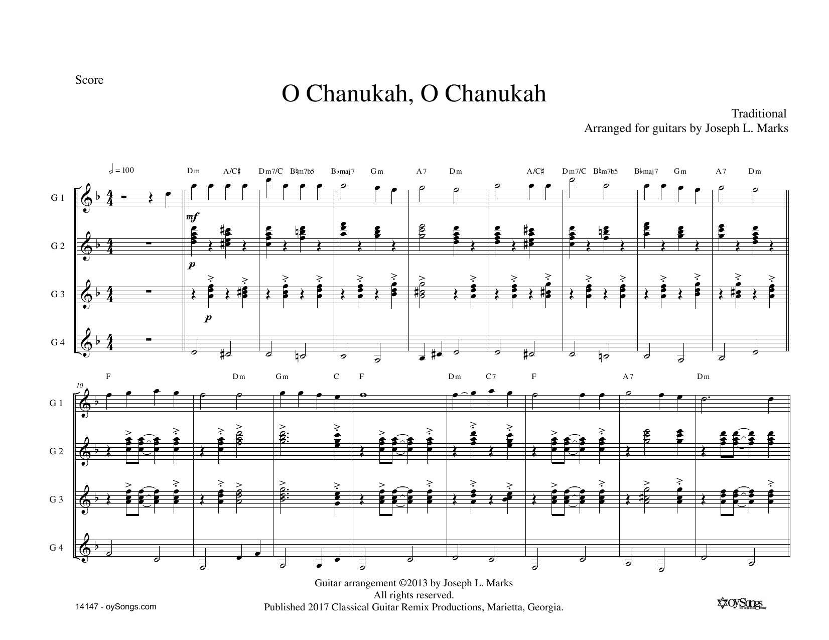 O Chanukah for Guitar Quartet (arr. Joe Marks) (Guitar Ensemble) von Traditional