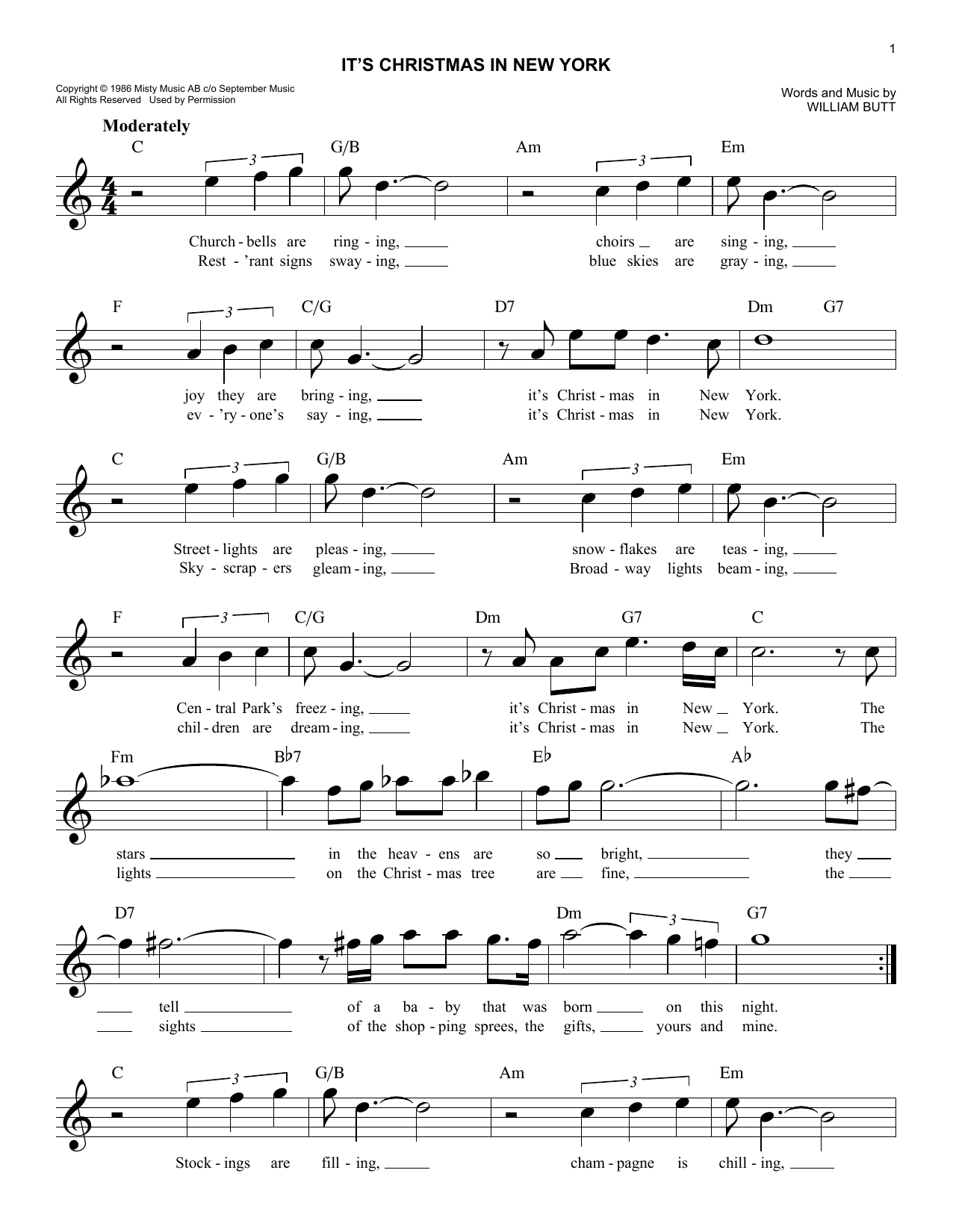 It's Christmas In New York (Lead Sheet / Fake Book) von William Butt