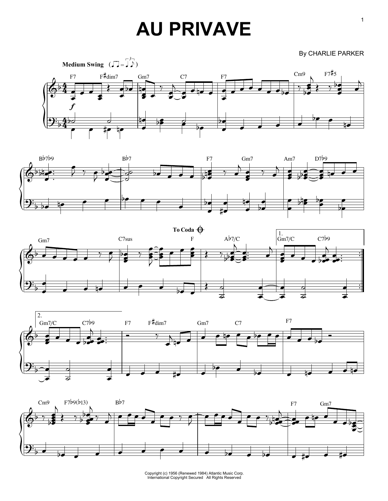 Au Privave (Piano Solo) von Charlie Parker