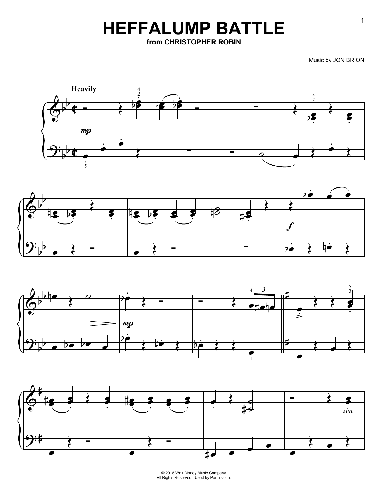 Heffalump Battle (from Christopher Robin) (Easy Piano) von Geoff Zanelli & Jon Brion