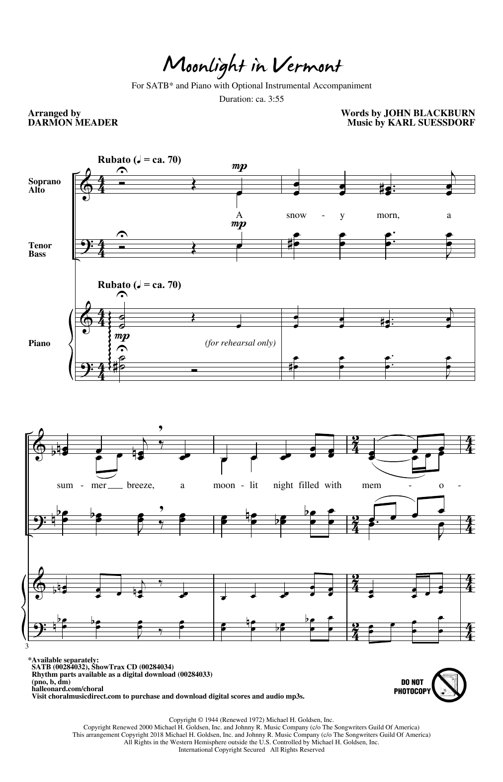 Moonlight in Vermont (arr. Darmon Meader) (SATB Choir) von John Blackburn & Karl Suessdorf