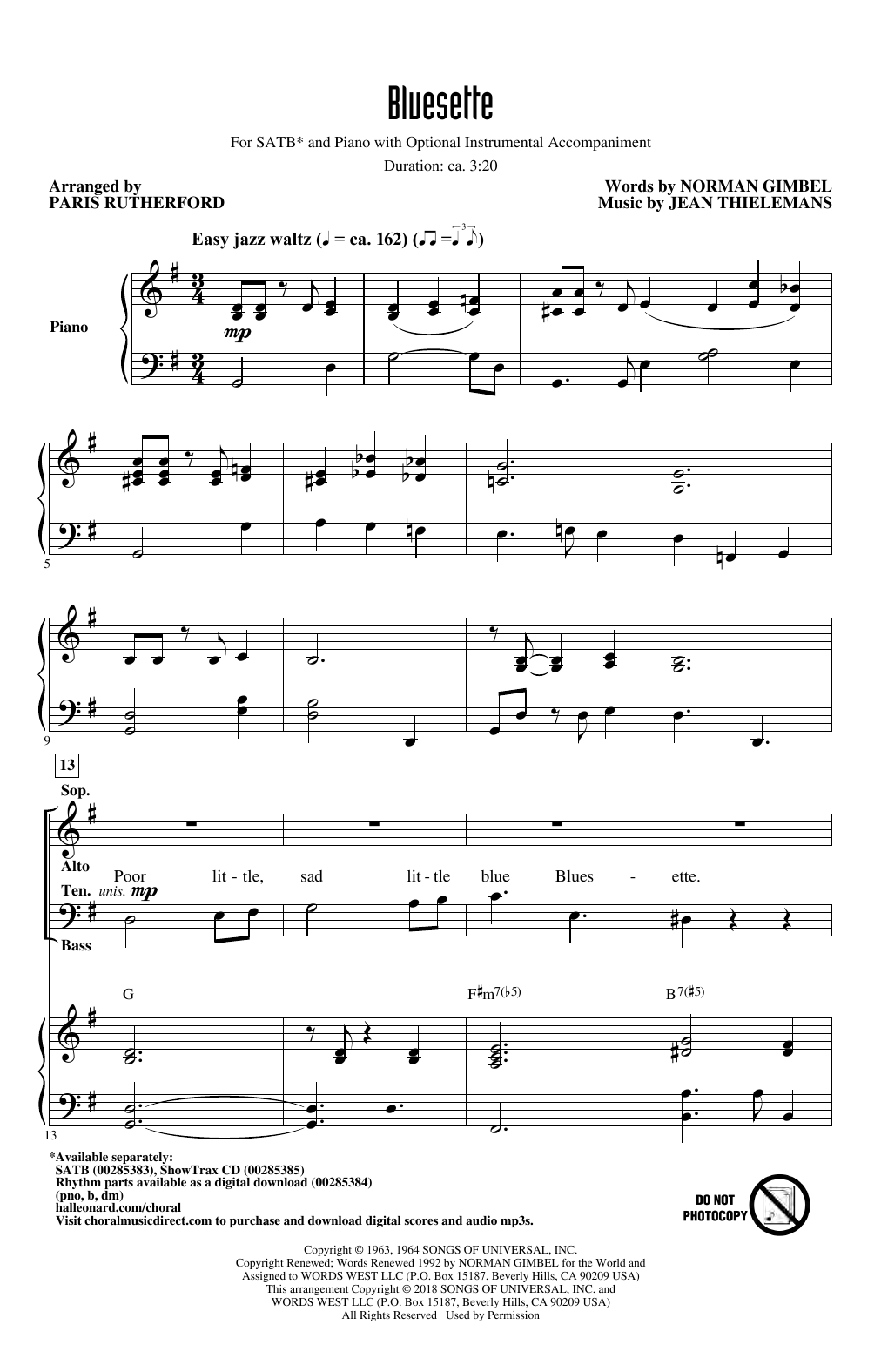 Bluesette (arr. Paris Rutherford) (SATB Choir) von Toots Thielmans