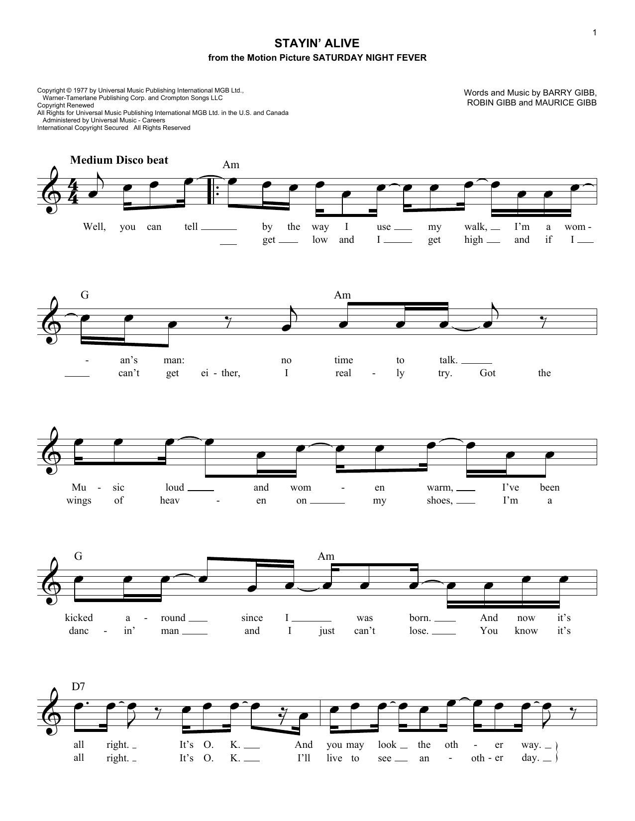 Stayin' Alive (Lead Sheet / Fake Book) von The Bee Gees