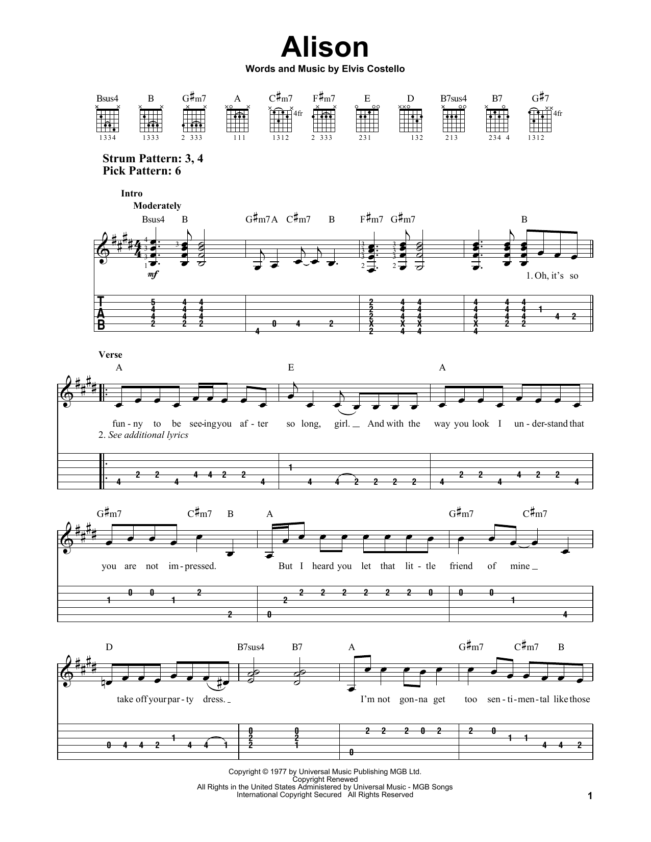 Alison (Easy Guitar Tab) von Elvis Costello