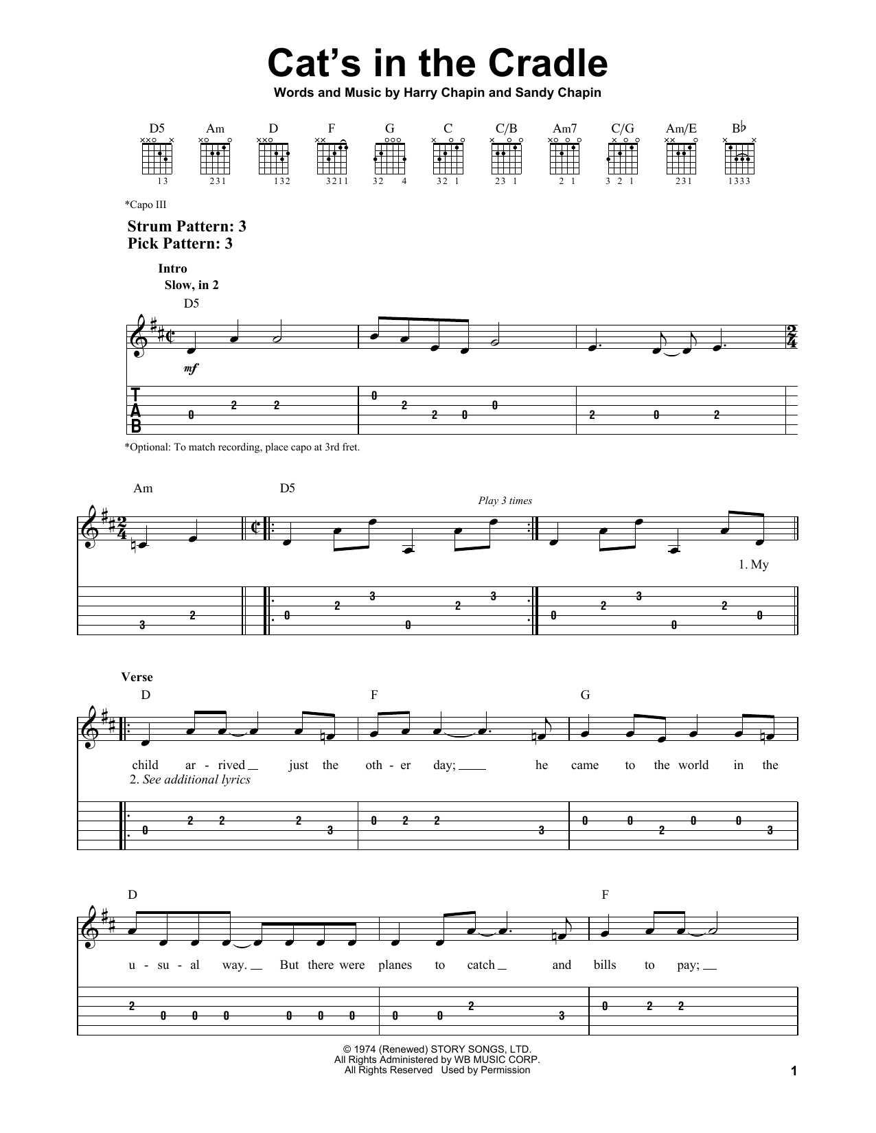 Cat's In The Cradle (Easy Guitar Tab) von Harry Chapin