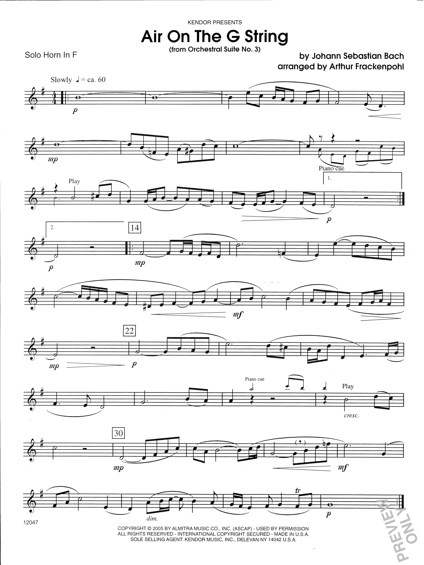 Air On The G String (from Orchestral Suite No. 3) (arr. Arthur Frackenpohl) - Solo Horn (Brass Solo) von Johann Sebastian Bach
