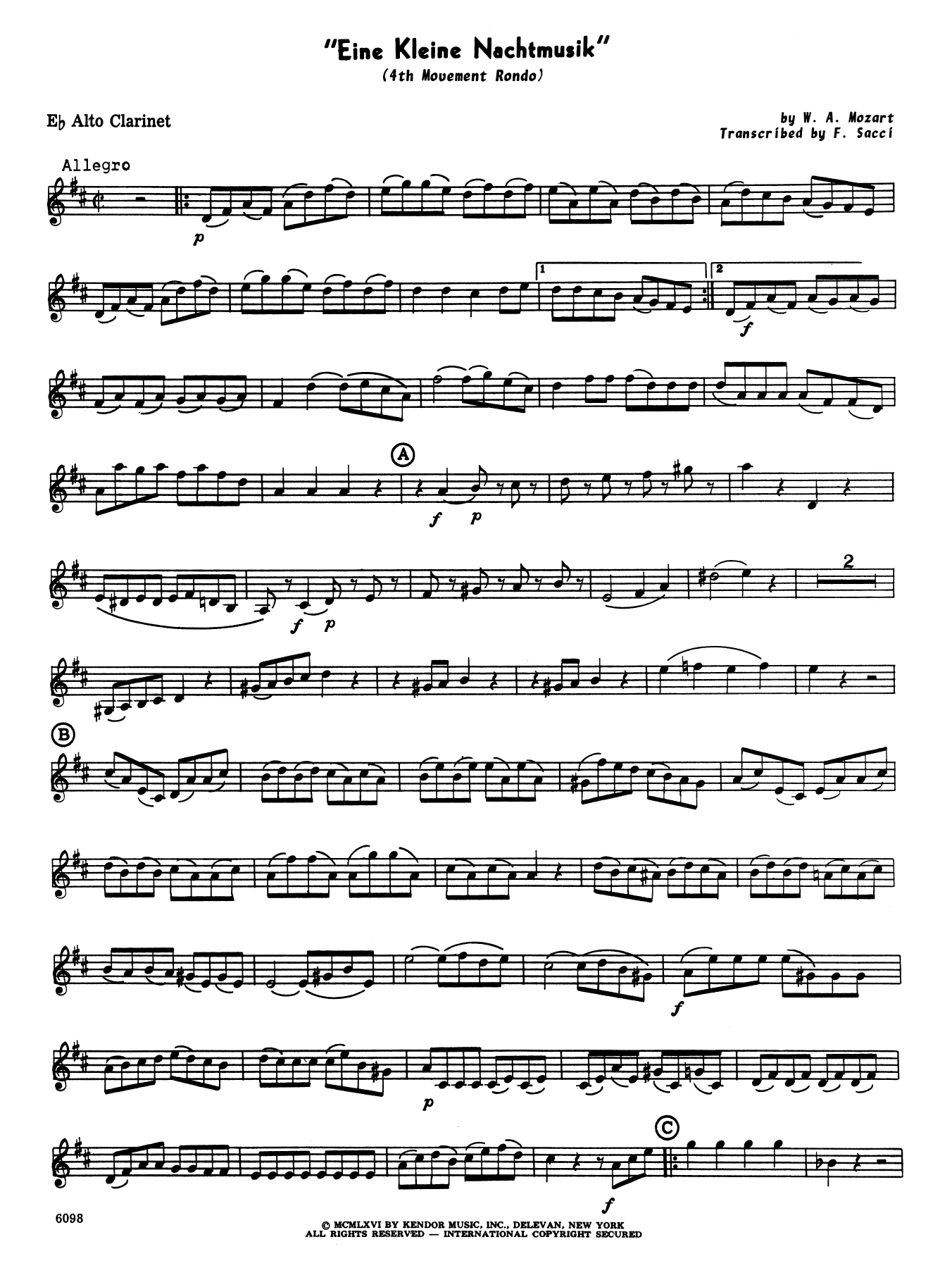 Eine Kleine Nachtmusik/Rondo (Mvt. 4) (arr. Frank Sacci) - Eb Alto Clarinet (Woodwind Ensemble) von Wolfgang Mozart