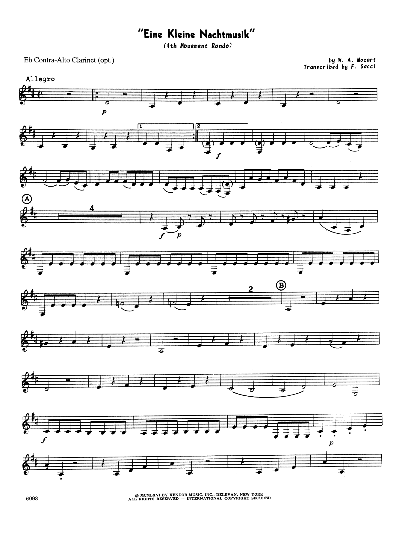 Eine Kleine Nachtmusik/Rondo (Mvt. 4) (arr. Frank Sacci) - Eb Contra Alto Clarinet (Woodwind Ensemble) von Wolfgang Mozart