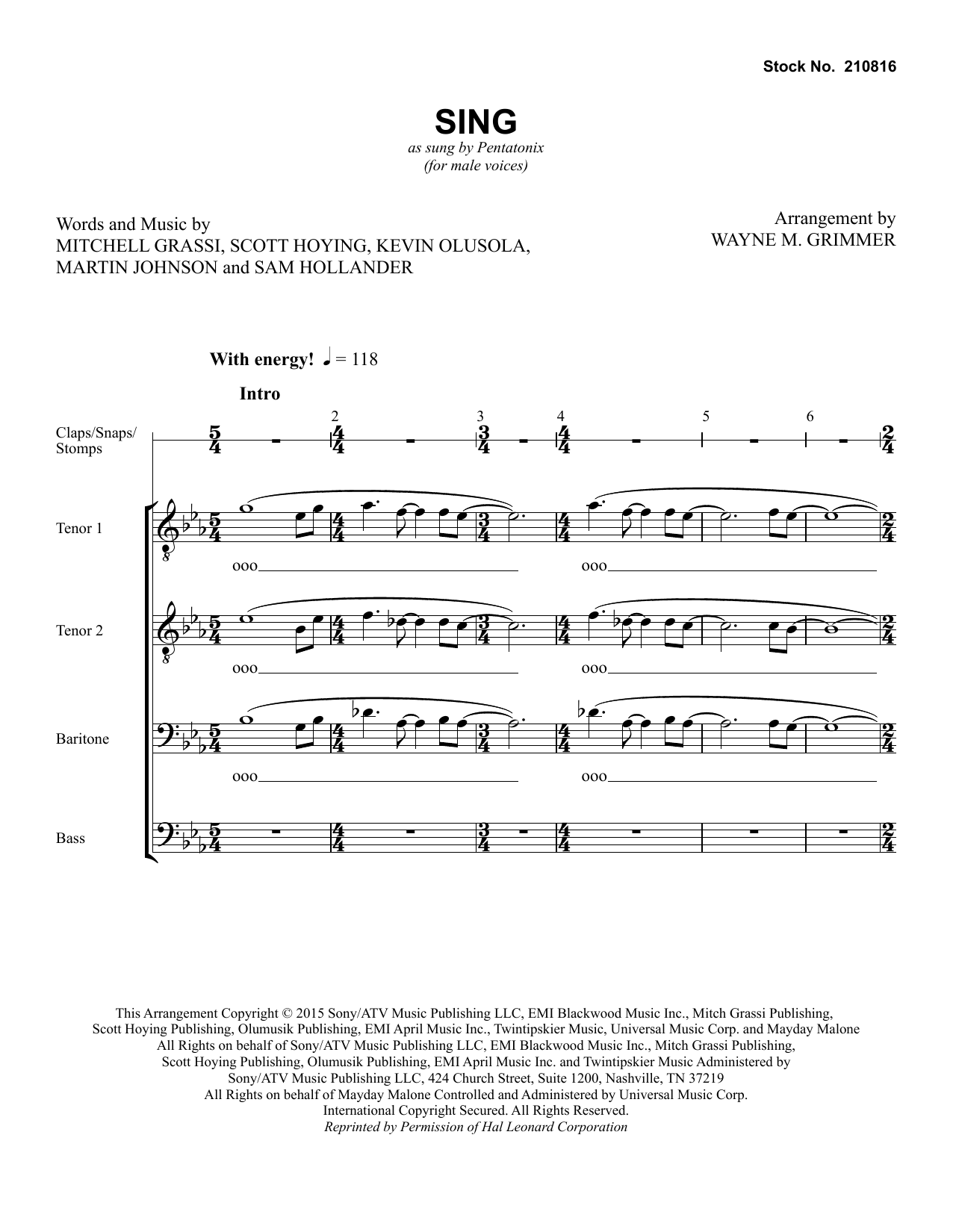 Sing (arr. Wayne Grimmer) (TTBB Choir) von Pentatonix
