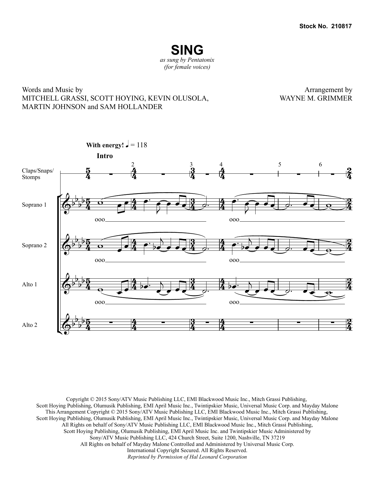 Sing (arr. Wayne Grimmer) (SSAA Choir) von Pentatonix