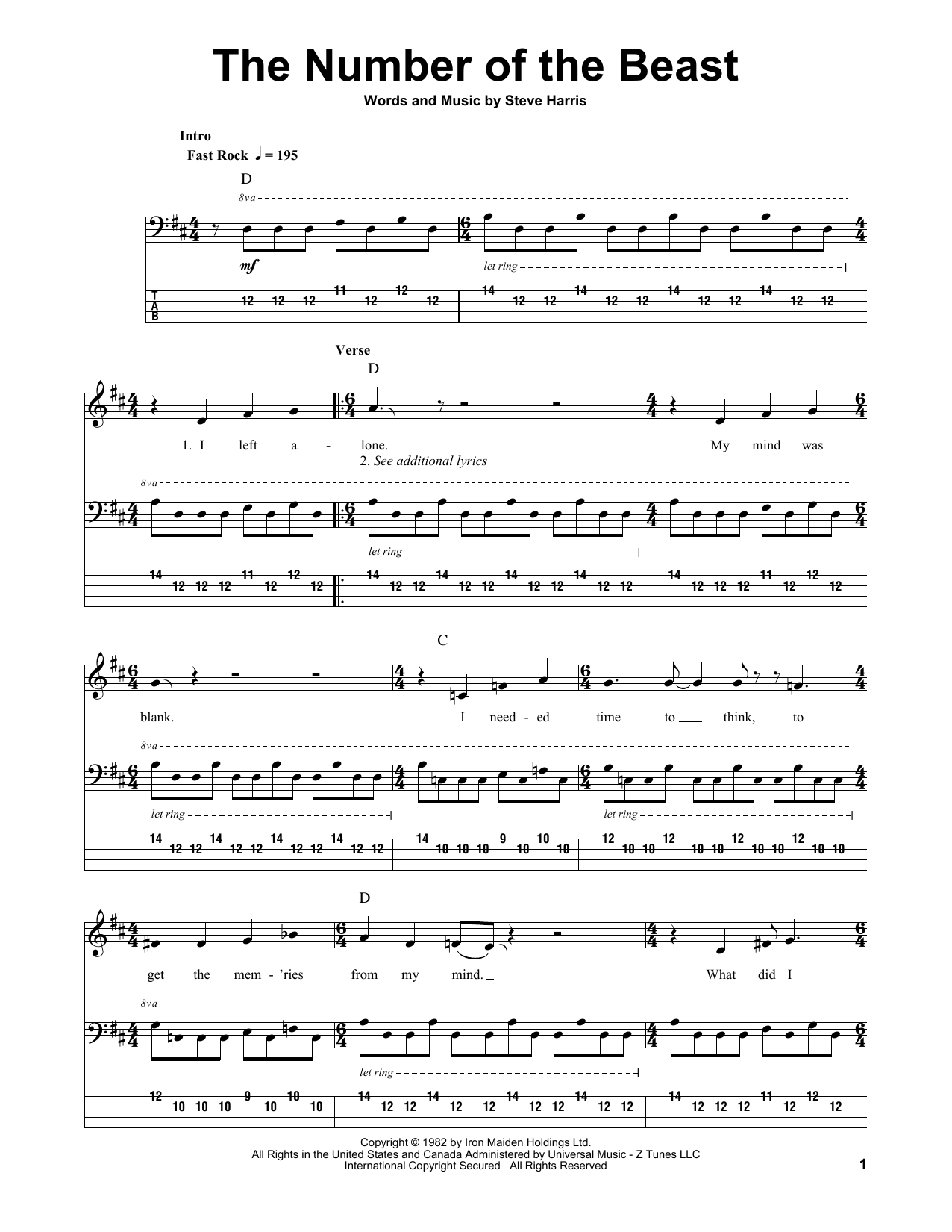 The Number Of The Beast (Bass Guitar Tab) von Iron Maiden