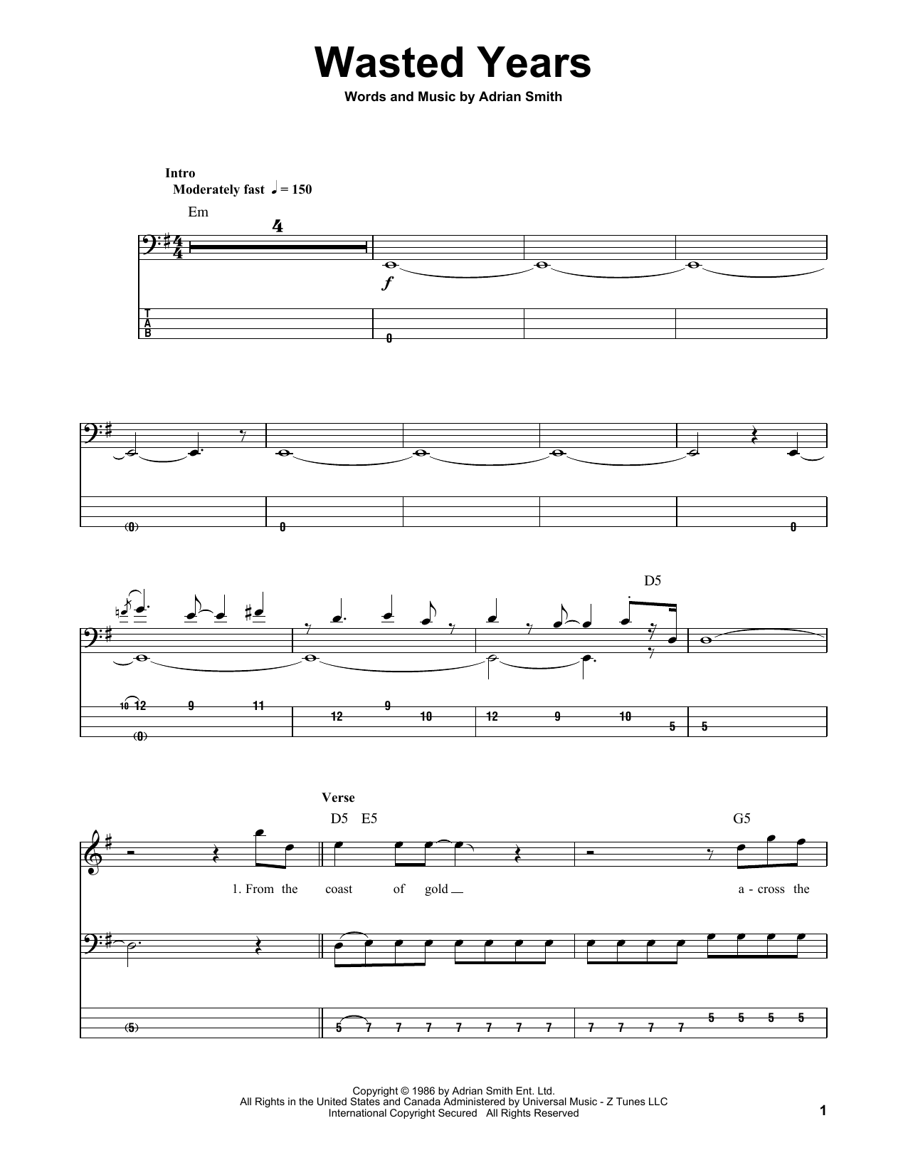 Wasted Years (Bass Guitar Tab) von Iron Maiden