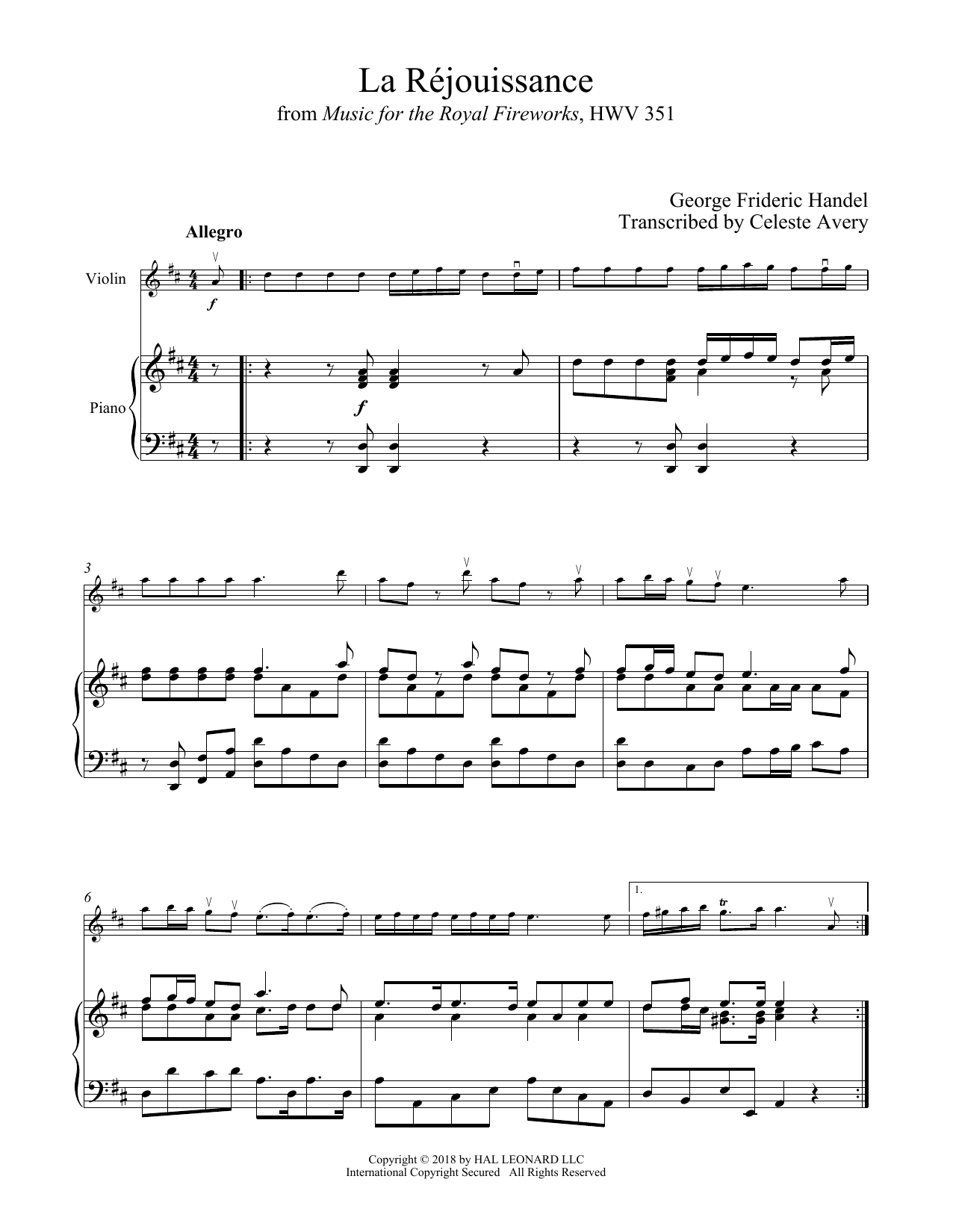 La Rejouissance (Violin and Piano) von George Frederic Handel