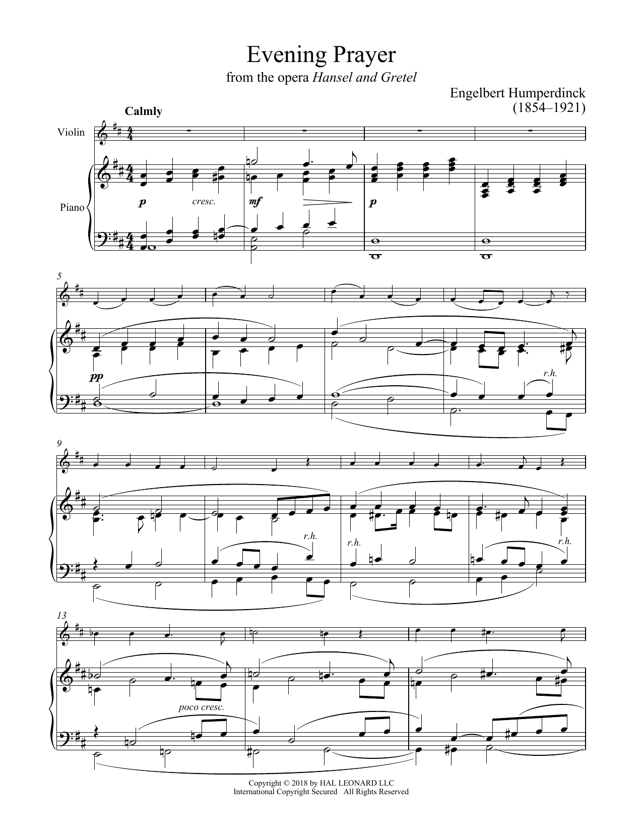 Evening Prayer (Violin and Piano) von Engelbert Humperdinck