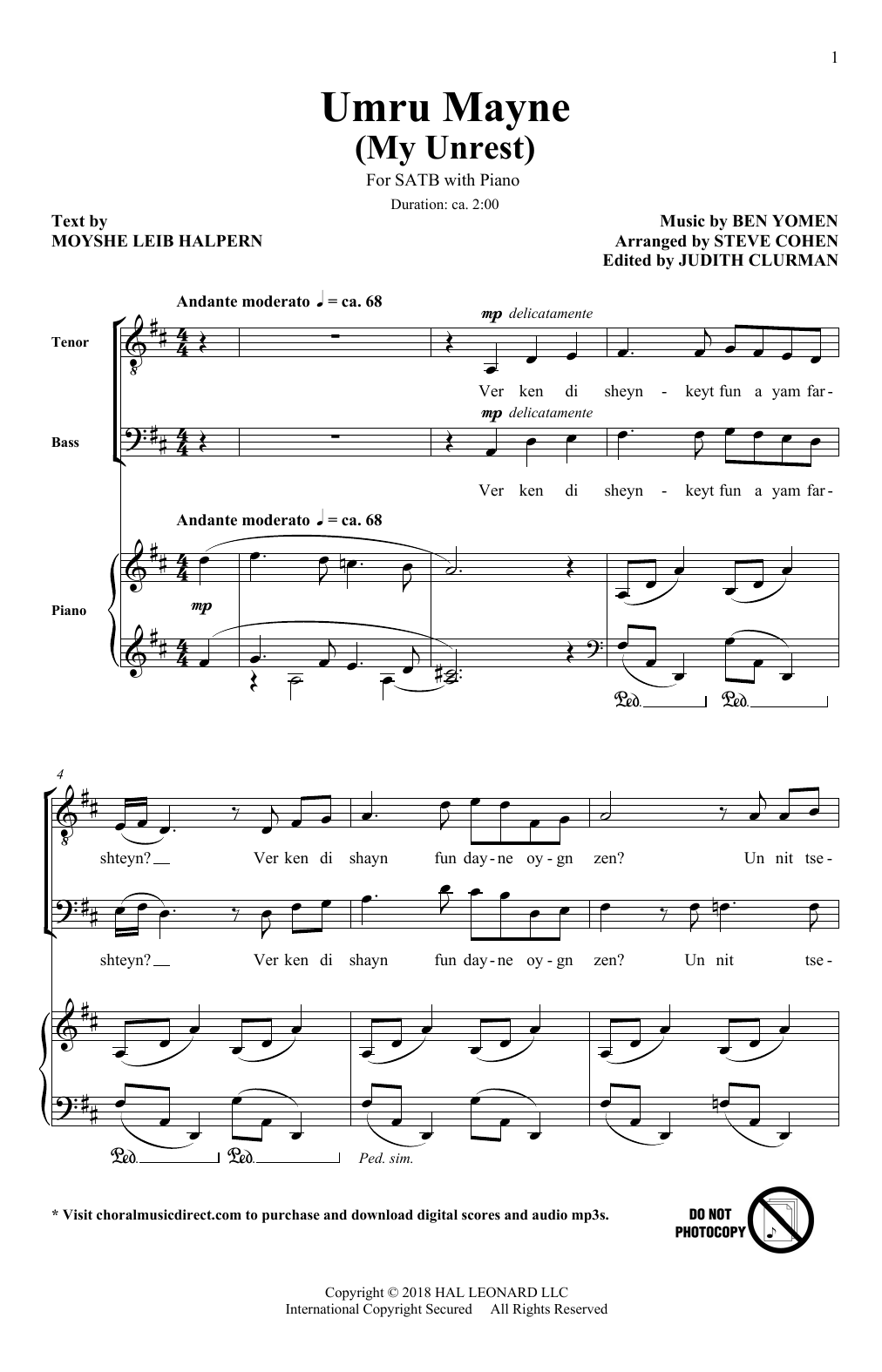 Umru Mayne (My Unrest) (arr. Steve Cohen) (SATB Choir) von Ben Yomen