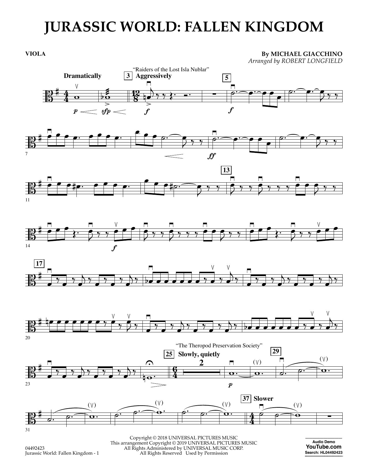 Jurassic World: Fallen Kingdom (arr. Robert Longfield) - Viola (Orchestra) von Michael Giacchino