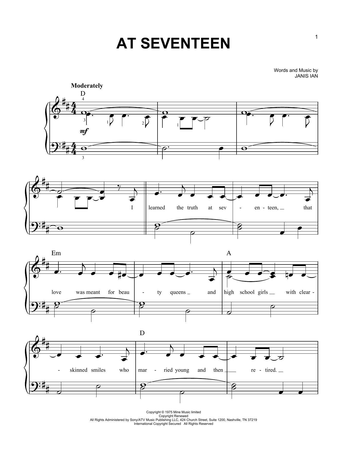 At Seventeen (Easy Piano) von Janis Ian