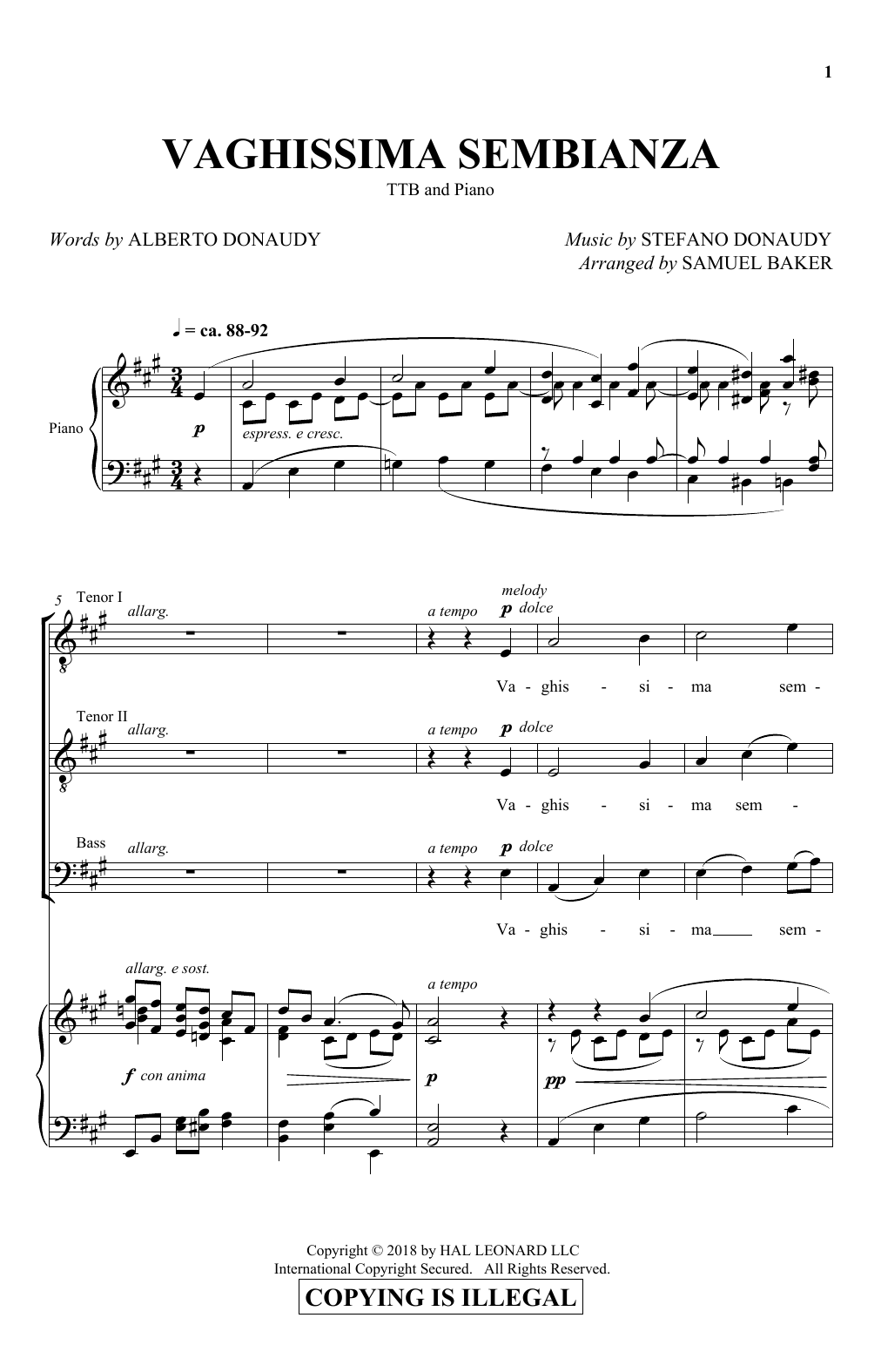 Vaghissima Sembianza (arr. Samuel Baker) (TTBB Choir) von Albert Donaudy & Stefano Donaudy