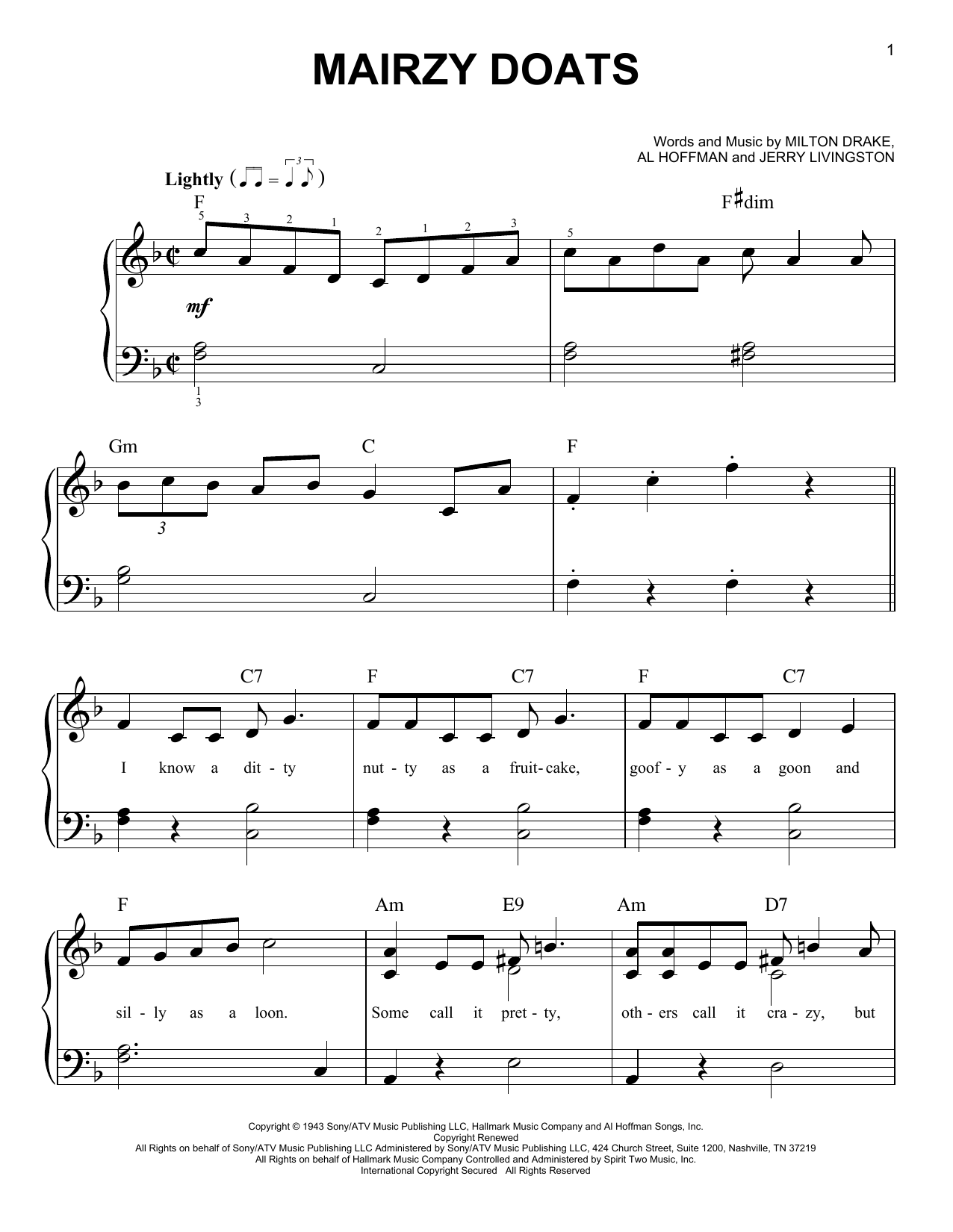Mairzy Doats (Easy Piano) von Jerry Livingston