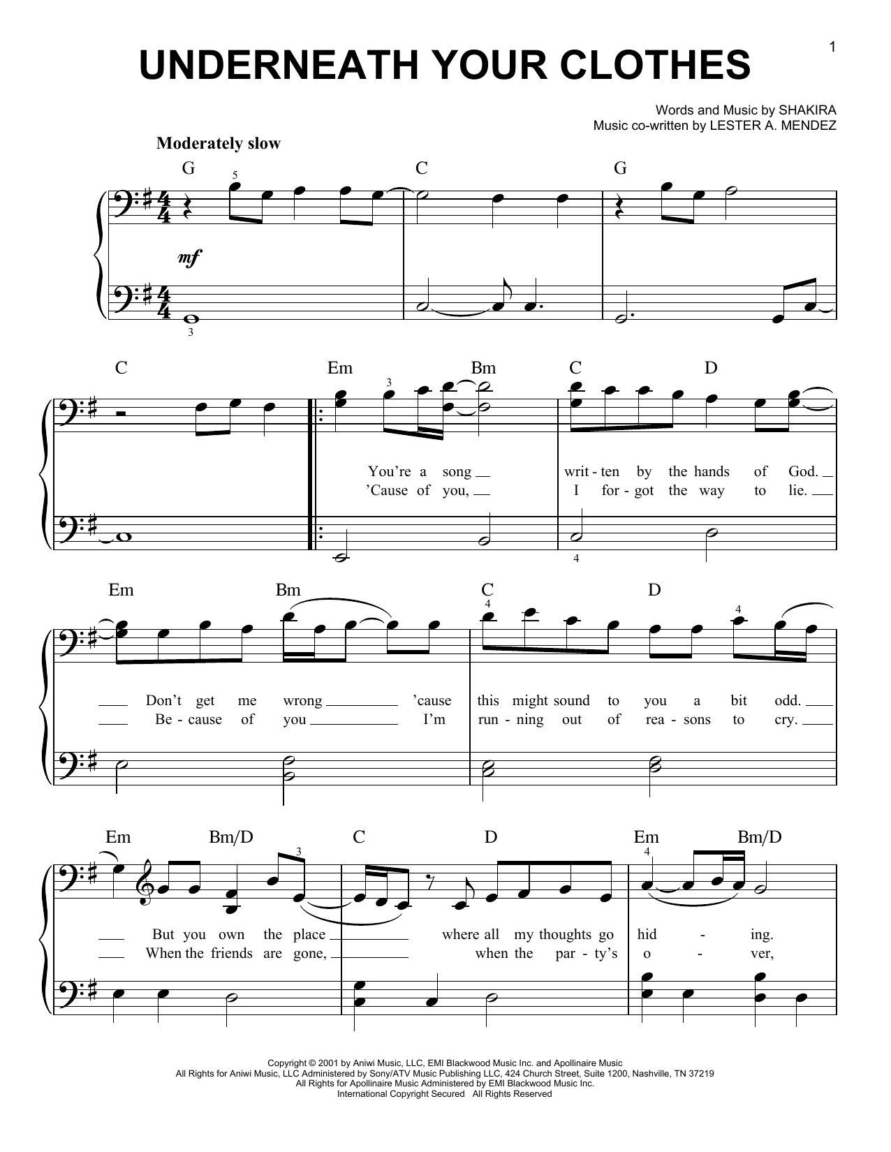 Underneath Your Clothes (Easy Piano) von Shakira