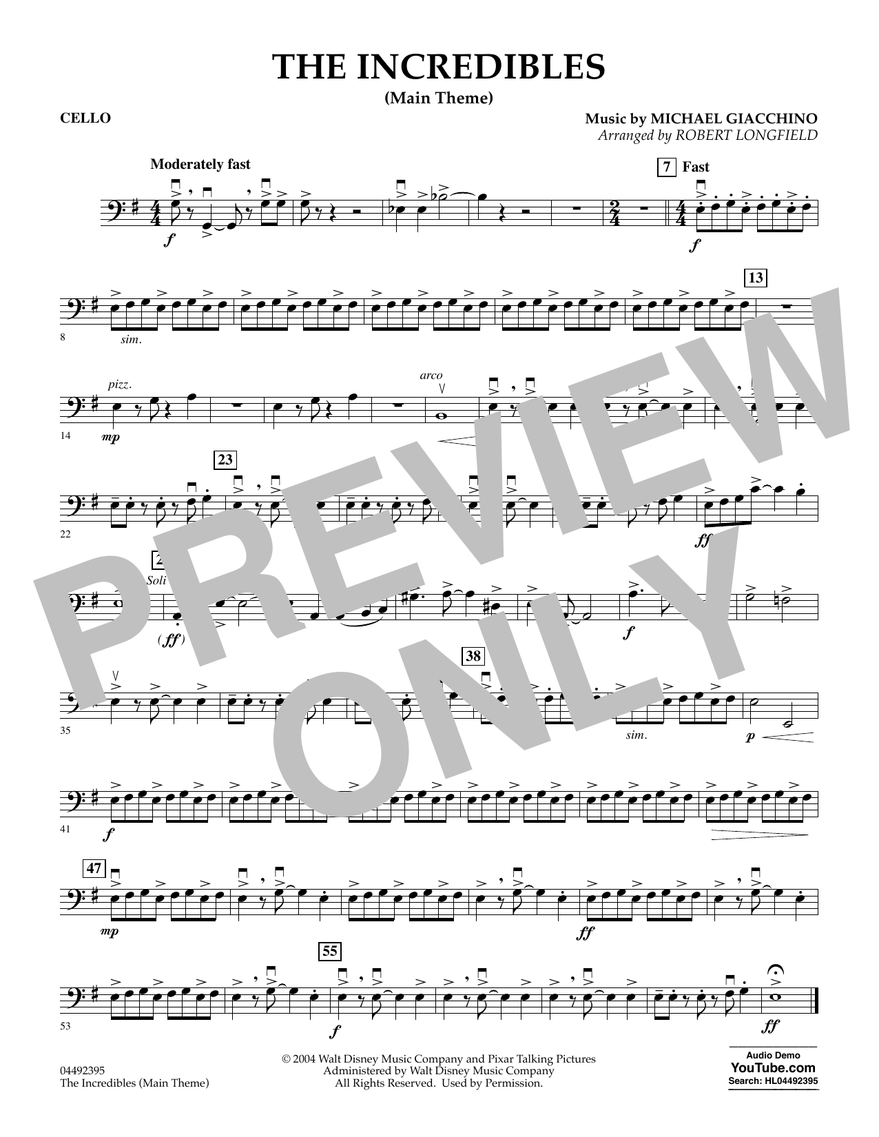 The Incredibles (Main Theme) (arr. Robert Longfield) - Cello (Orchestra) von Michael Giacchino