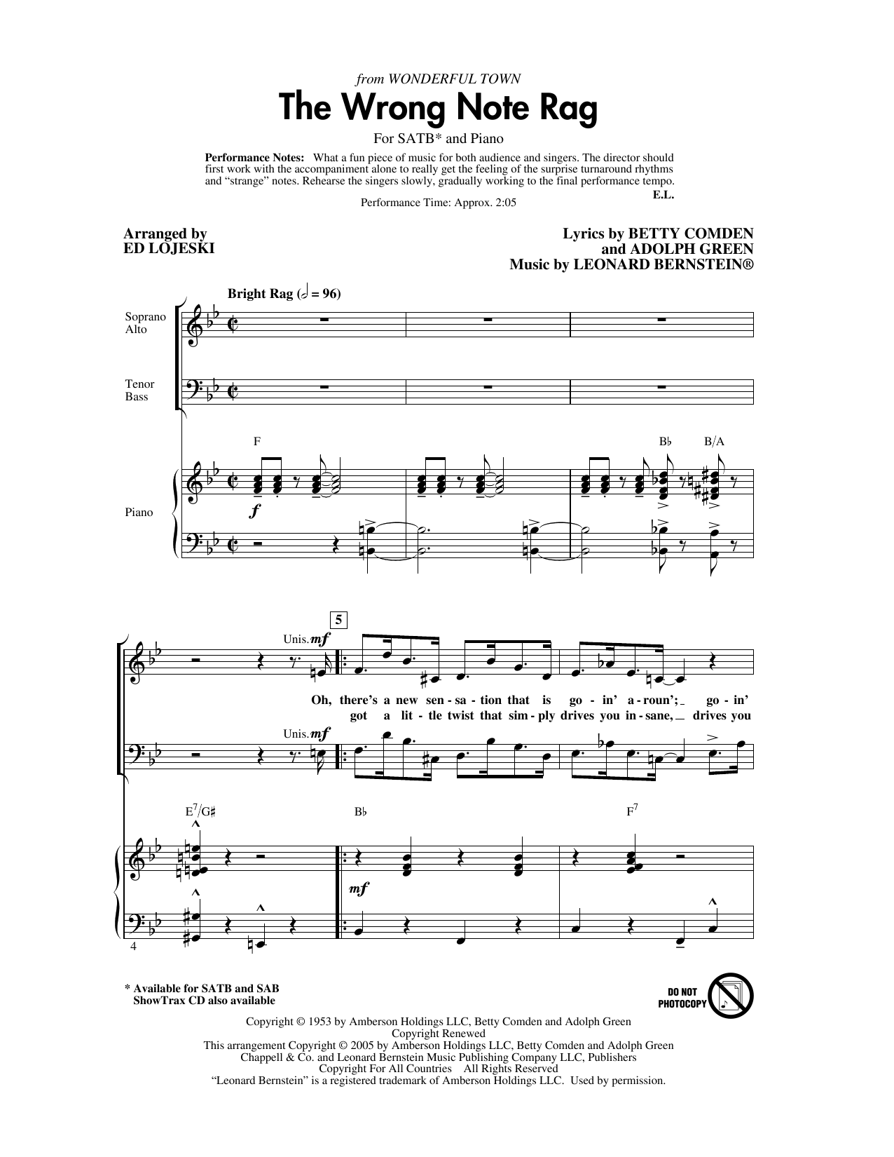 The Wrong Note Rag (from Wonderful Town) (arr. Ed Lojeski) (SATB Choir) von Leonard Bernstein