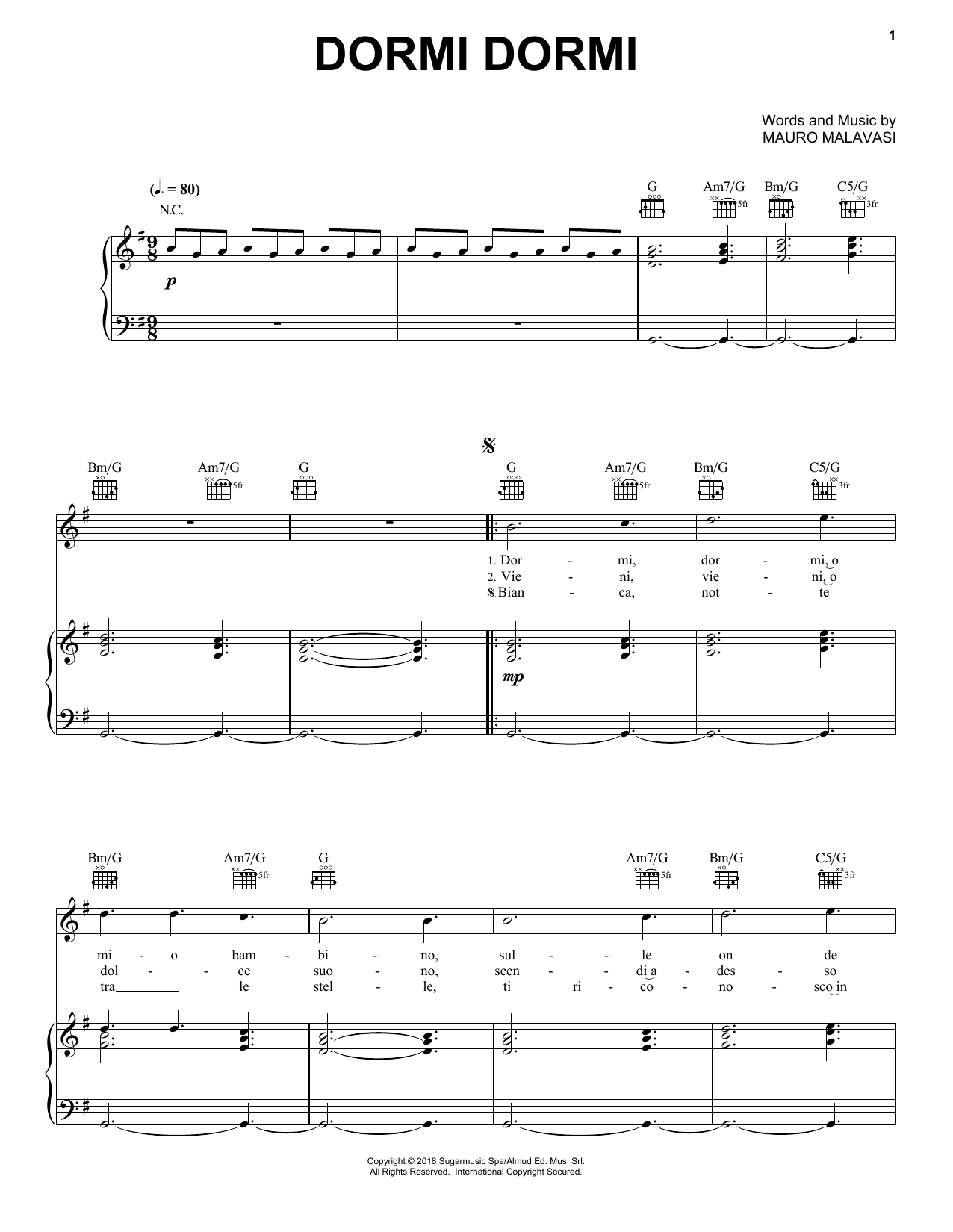 Dormi Dormi (Piano, Vocal & Guitar Chords (Right-Hand Melody)) von Andrea Bocelli