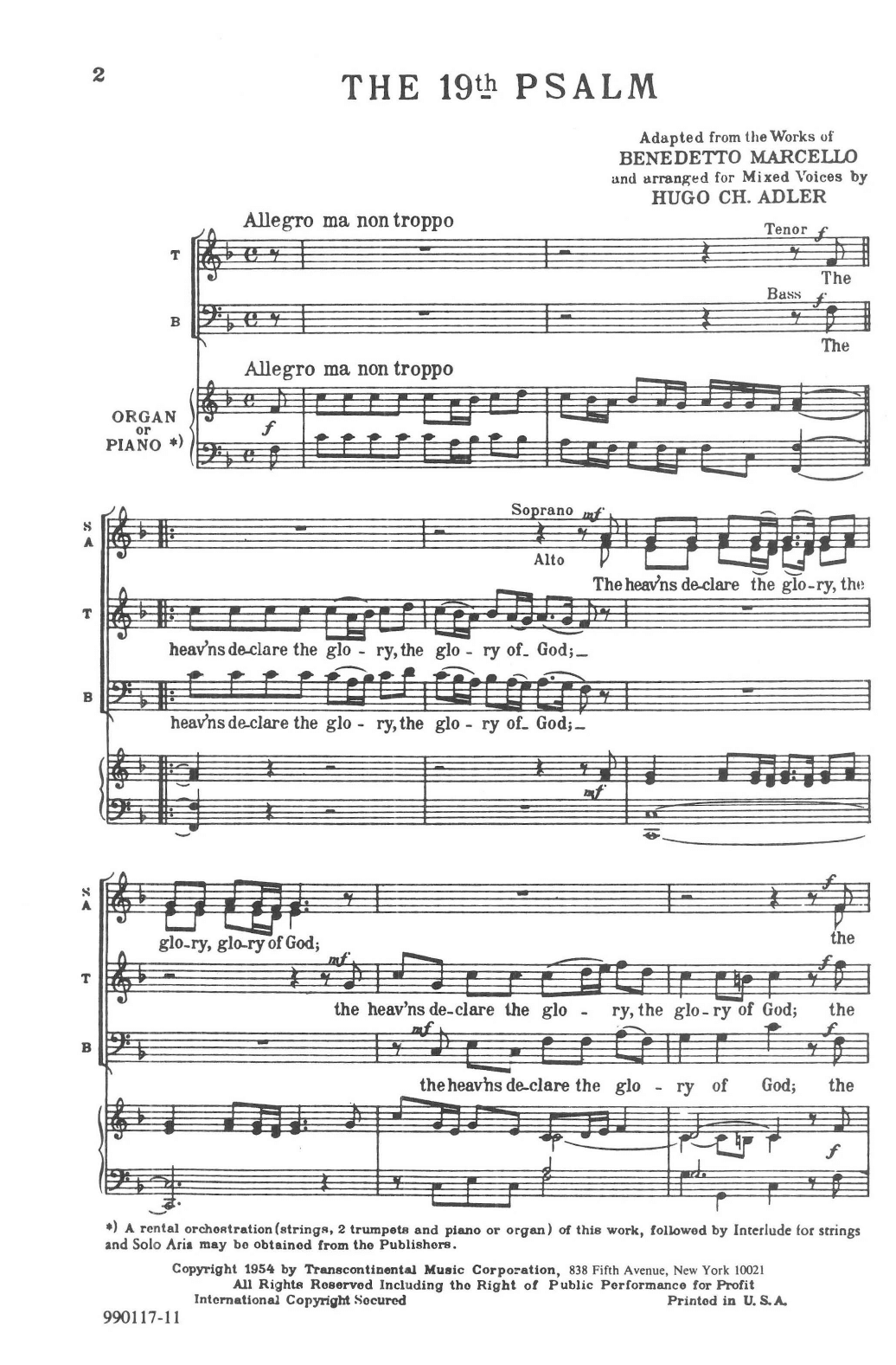 The 19th Psalm Organ Or Piano (SATB Choir) von Hugo Adler