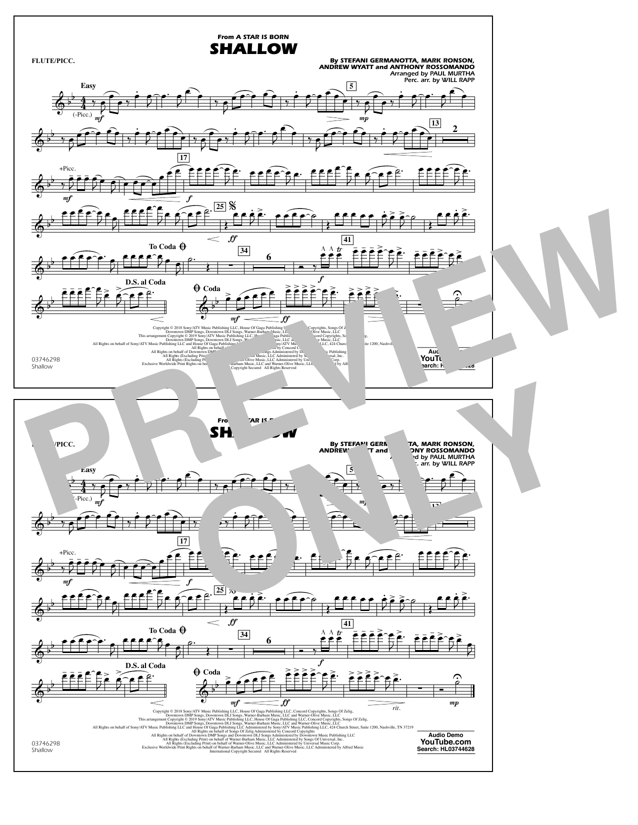 Shallow (from A Star Is Born) (arr. Paul Murtha) - Flute/Piccolo (Marching Band) von Lady Gaga & Bradley Cooper