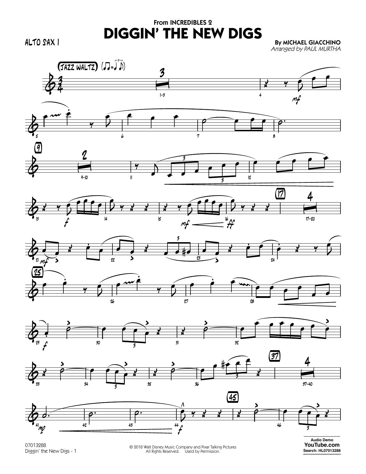 Diggin' the New Digs (from Incredibles 2) (arr. Paul Murtha) - Alto Sax 1 (Jazz Ensemble) von Michael Giacchino