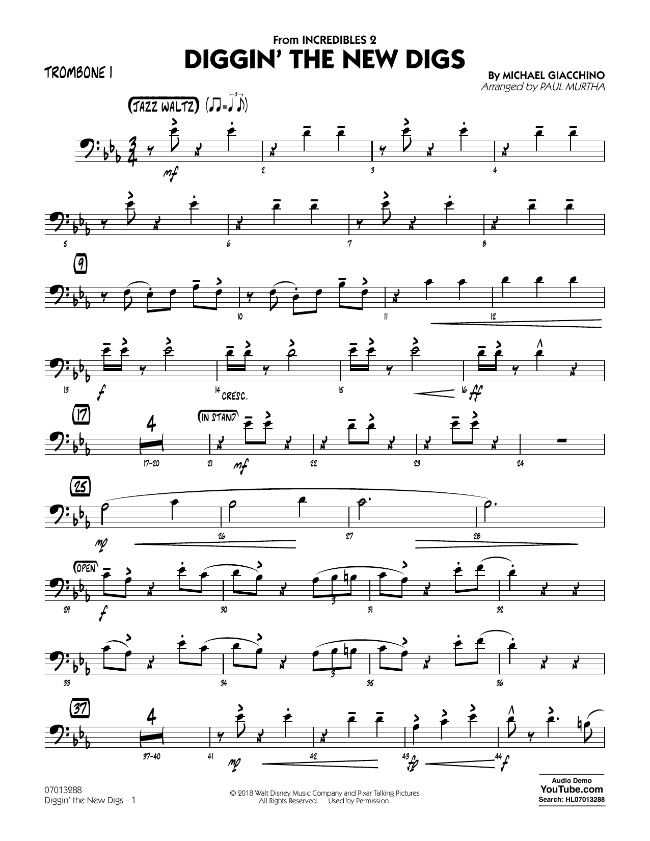 Diggin' the New Digs (from Incredibles 2) (arr. Paul Murtha) - Trombone 1 (Jazz Ensemble) von Michael Giacchino