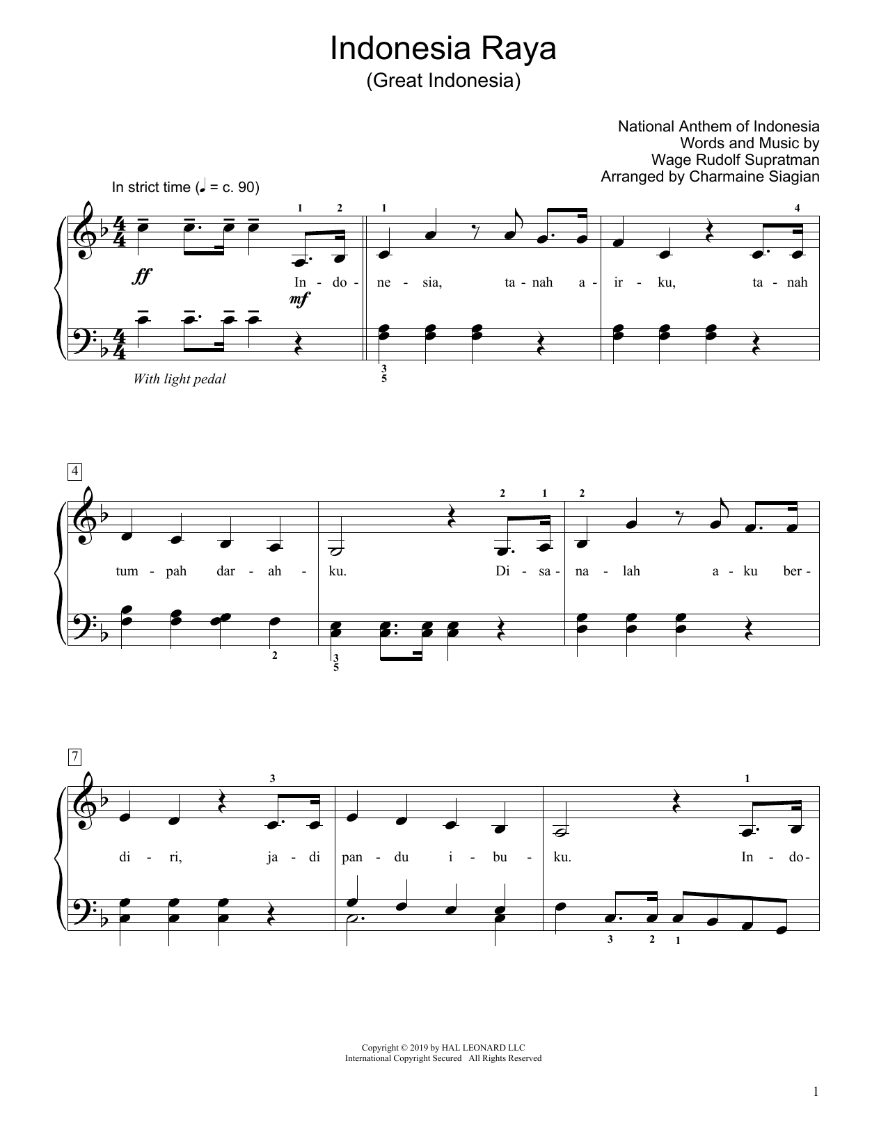 Great Indonesia (Indonesia Raya) (arr. Charmaine Siagian) (Educational Piano) von Wage Rudolf Supratman