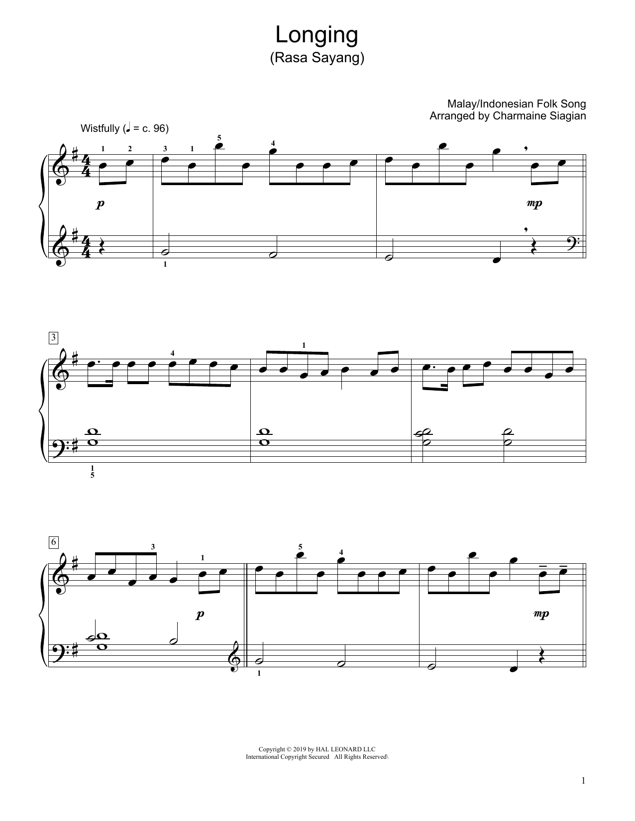 Longing (Rasa Sayang) (arr. Charmaine Siagian) (Educational Piano) von Traditional