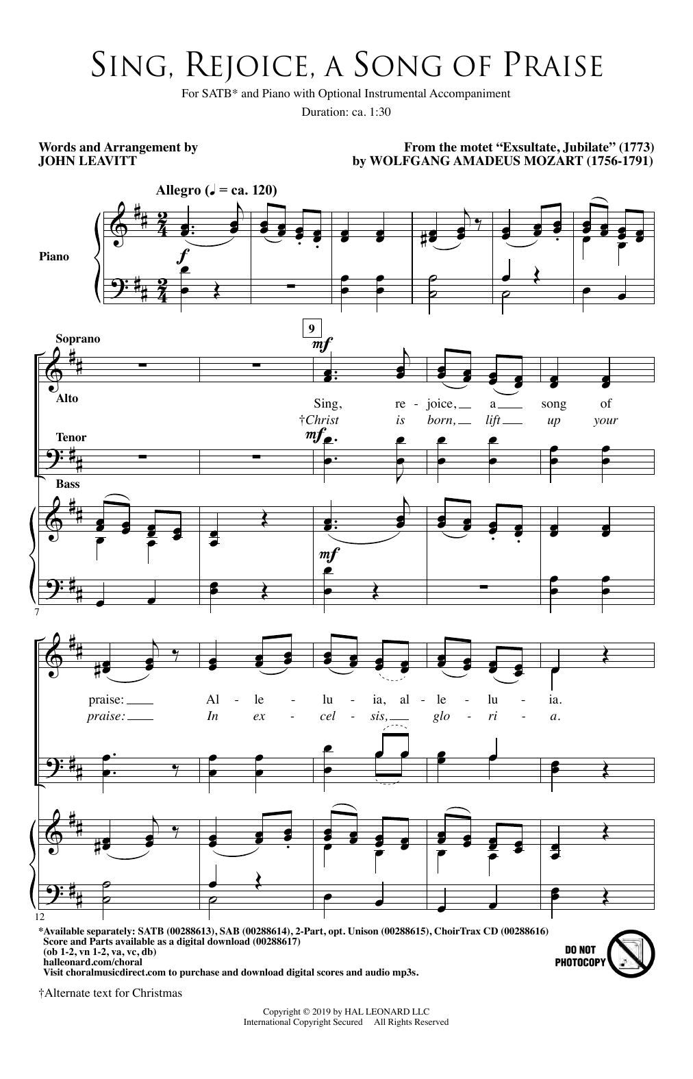Sing, Rejoice A Song Of Praise (arr. John Leavitt) (SATB Choir) von Wolfgang Amadeus Mozart