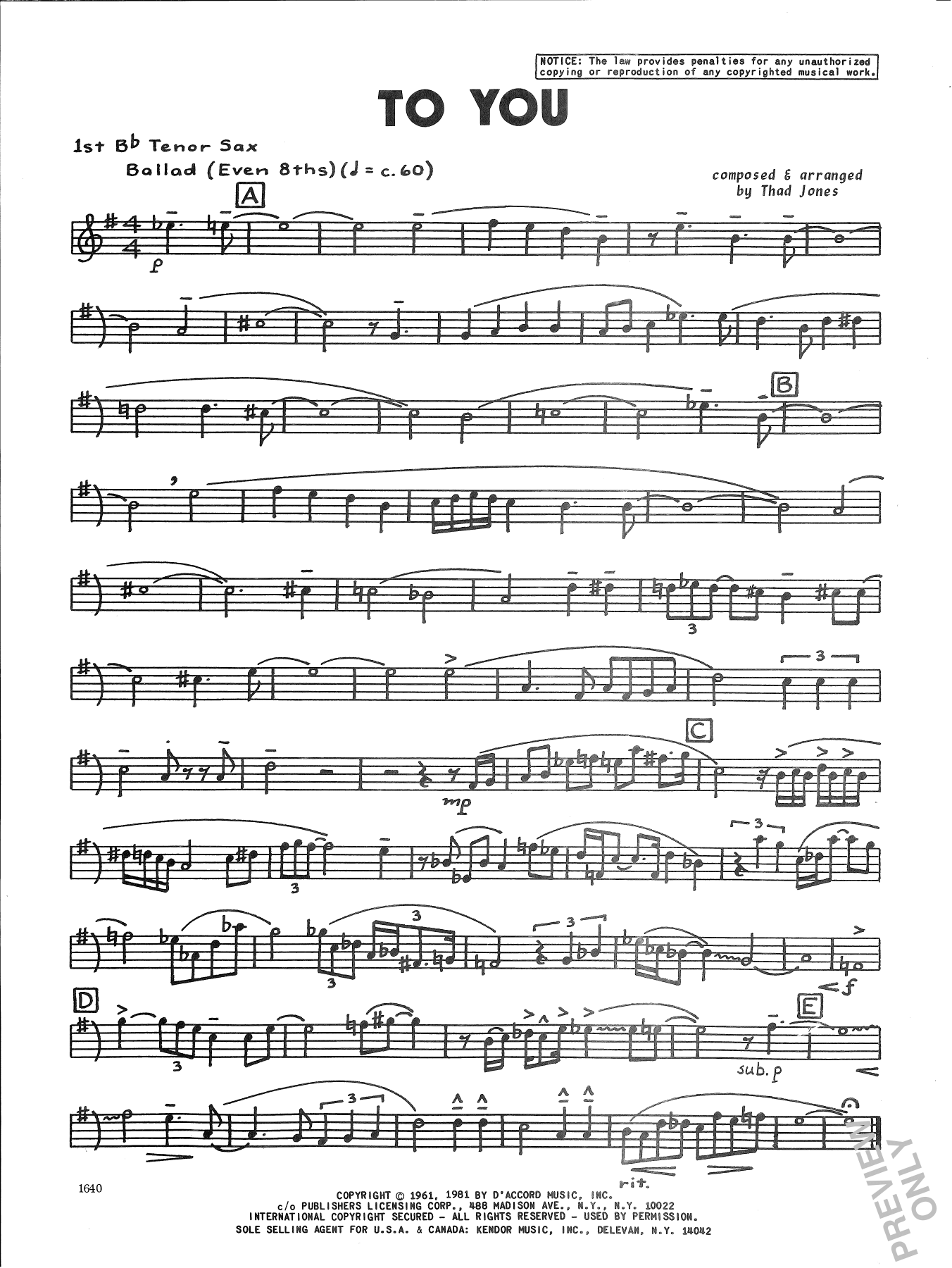 To You - 1st Tenor Saxophone (Jazz Ensemble) von Thad Jones