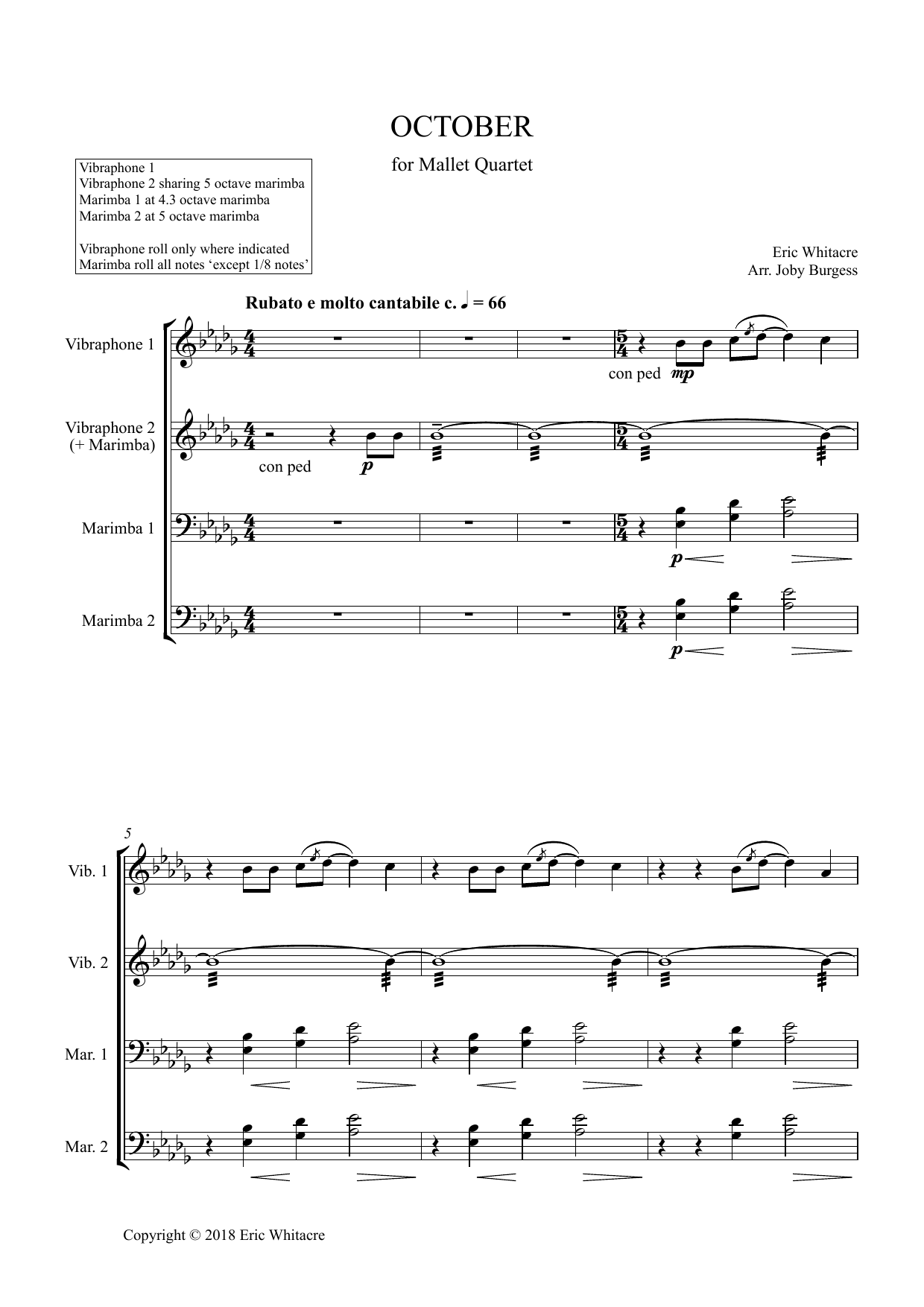 October (Alleluia) for Mallet Quartet (arr. Joby Burgess) - Full Score (Percussion Ensemble) von Eric Whitacre