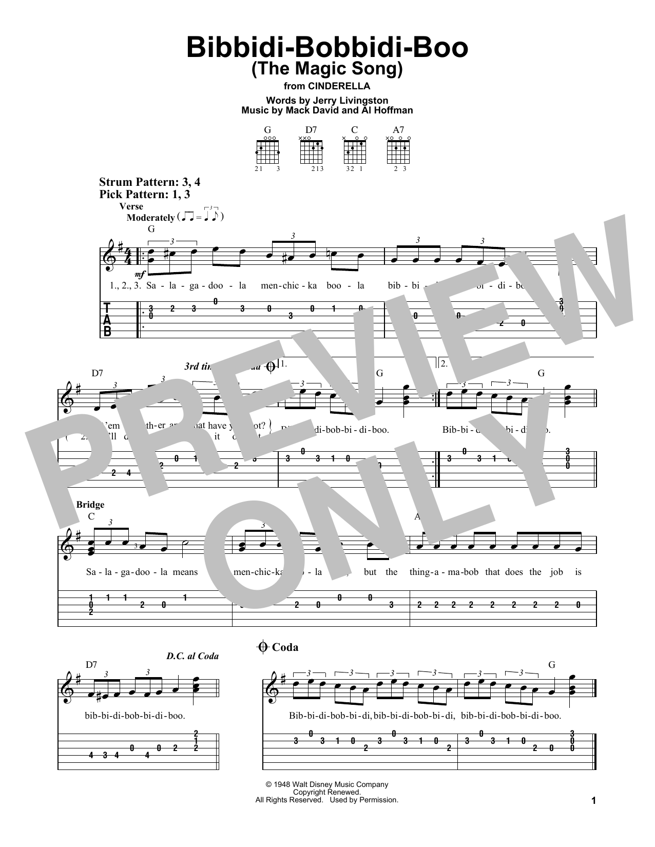 Bibbidi-Bobbidi-Boo (The Magic Song) (from Cinderella) (Easy Guitar Tab) von Verna Felton