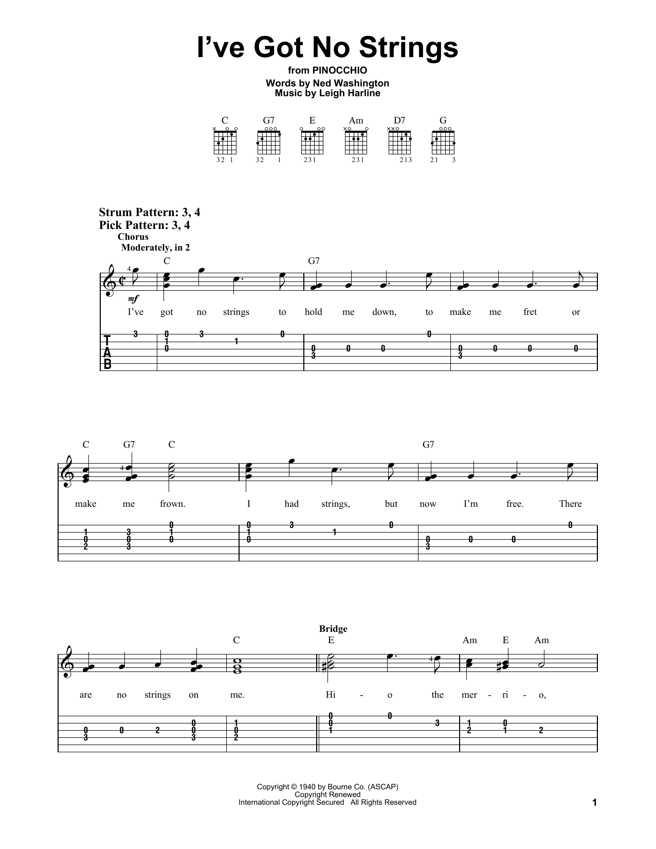 I've Got No Strings (from Pinocchio) (Easy Guitar Tab) von Ned Washington and Leigh Harline