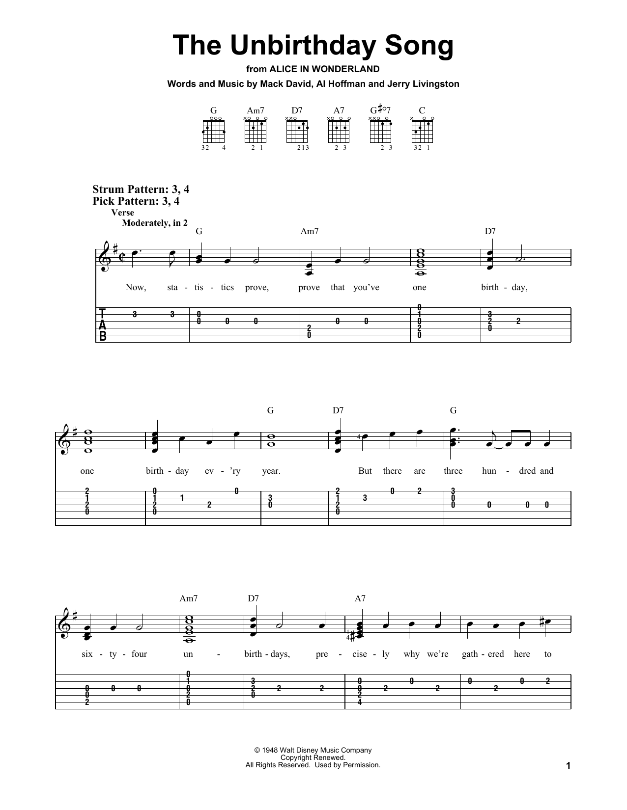 The Unbirthday Song (from Alice In Wonderland) (Easy Guitar Tab) von Mack David, Al Hoffman and Jerry Livingston